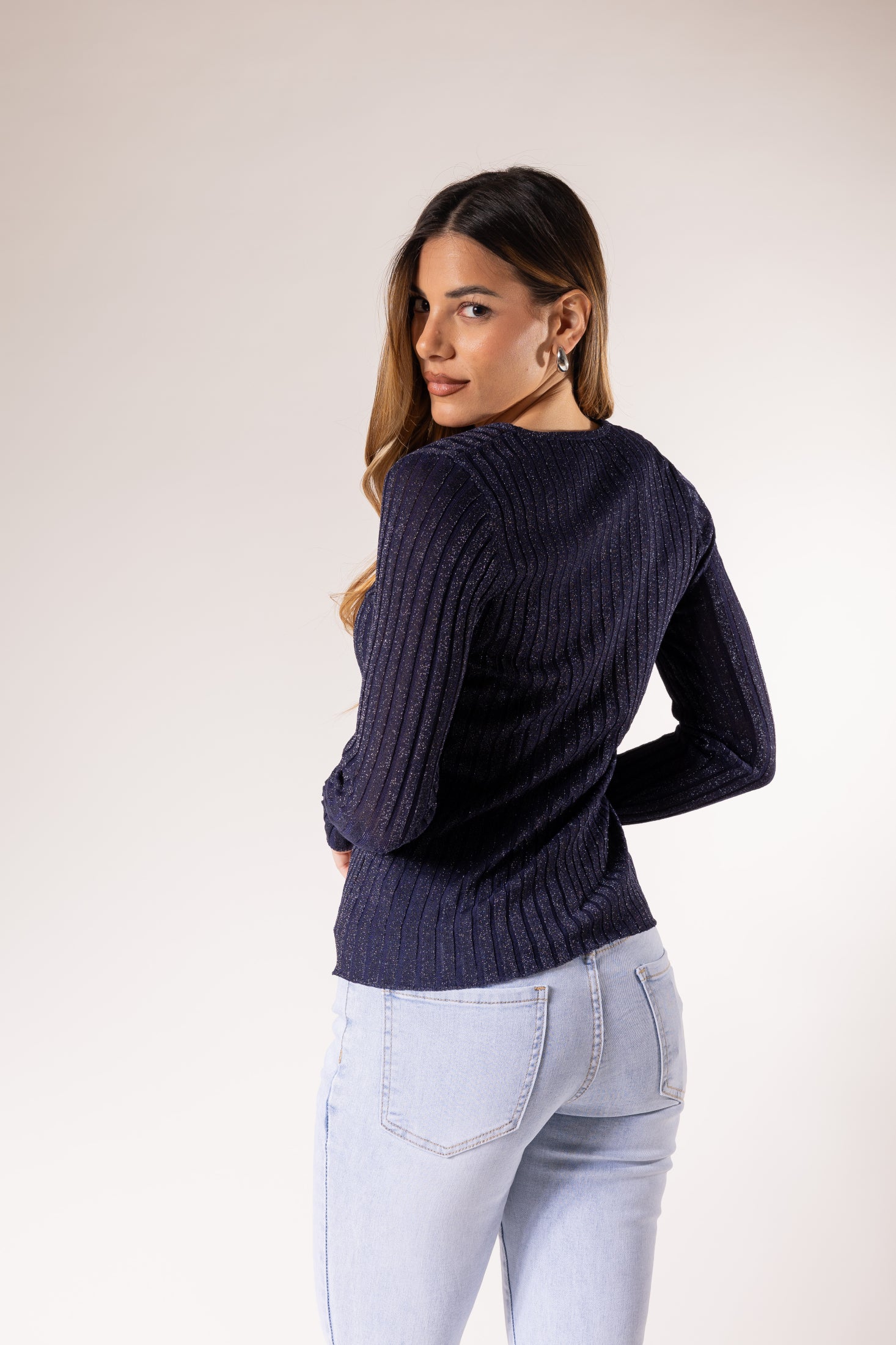 Maglione a coste con scollo a V|Colore:Blu scuro