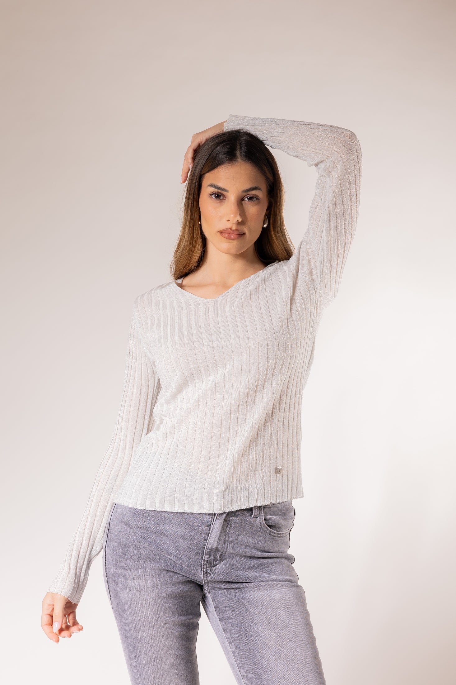 Maglione a coste con scollo a V|Colore:Bianco