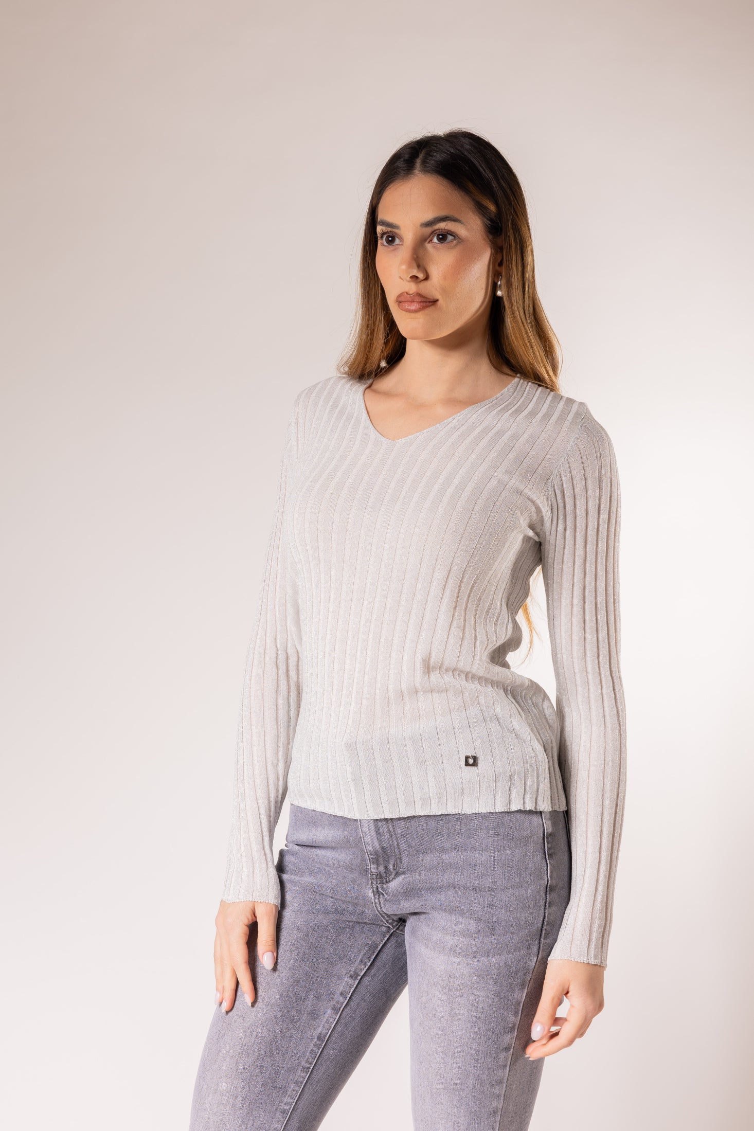 Maglione a coste con scollo a V|Colore:Bianco