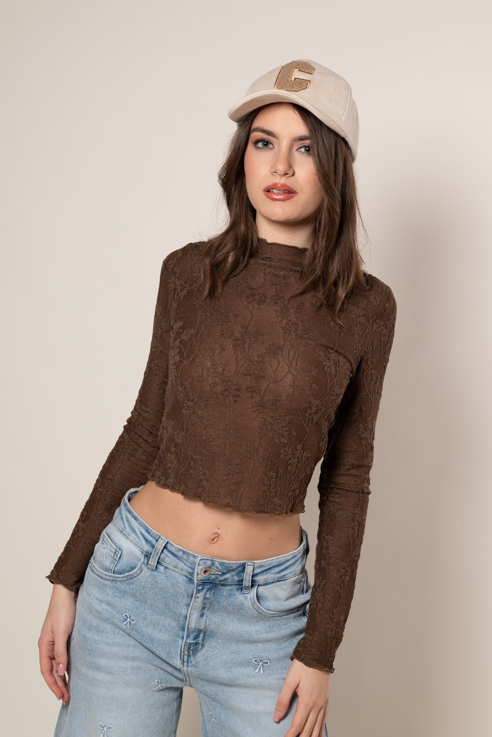Maglia crop in pizzo|Colore:Marrone