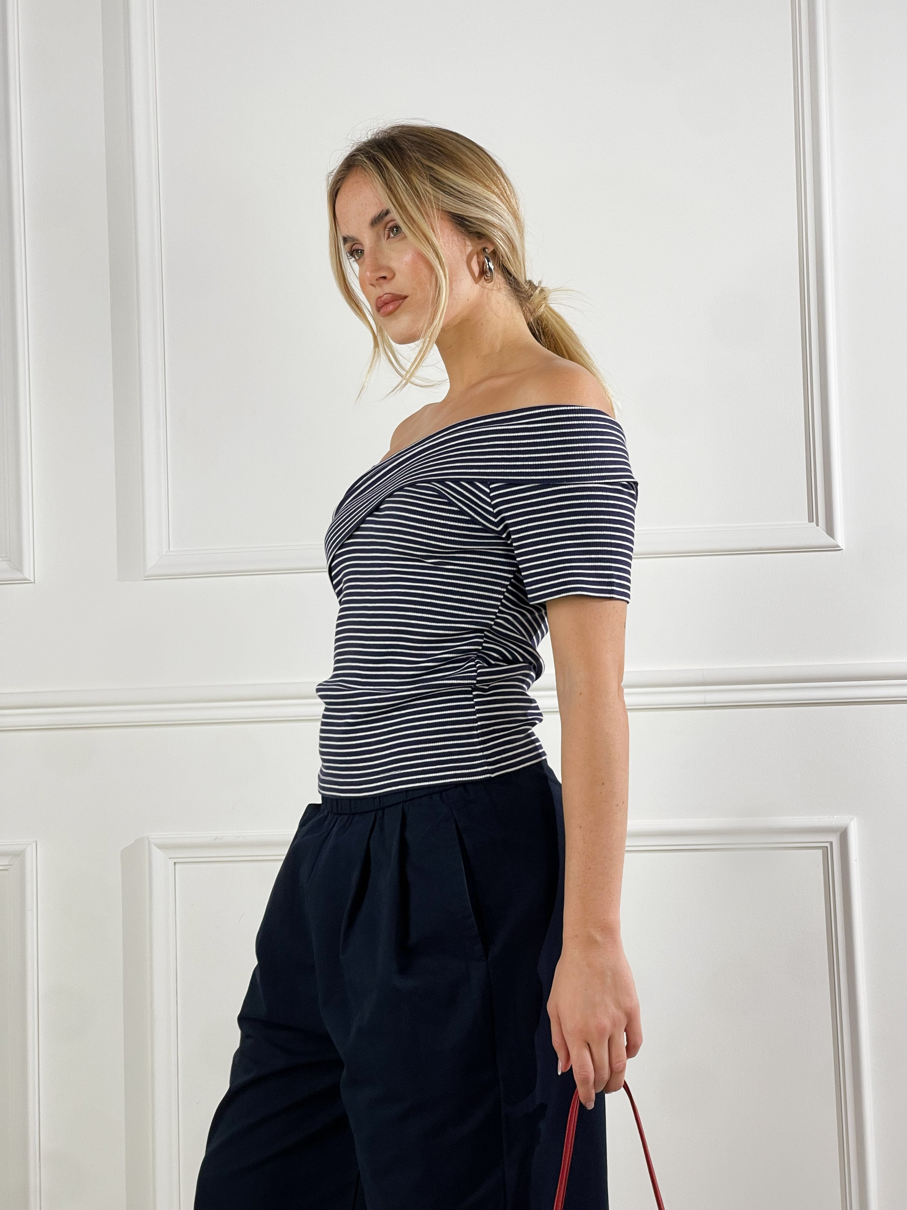 Maglia Bardot a righe|Colore:Blu/bianco