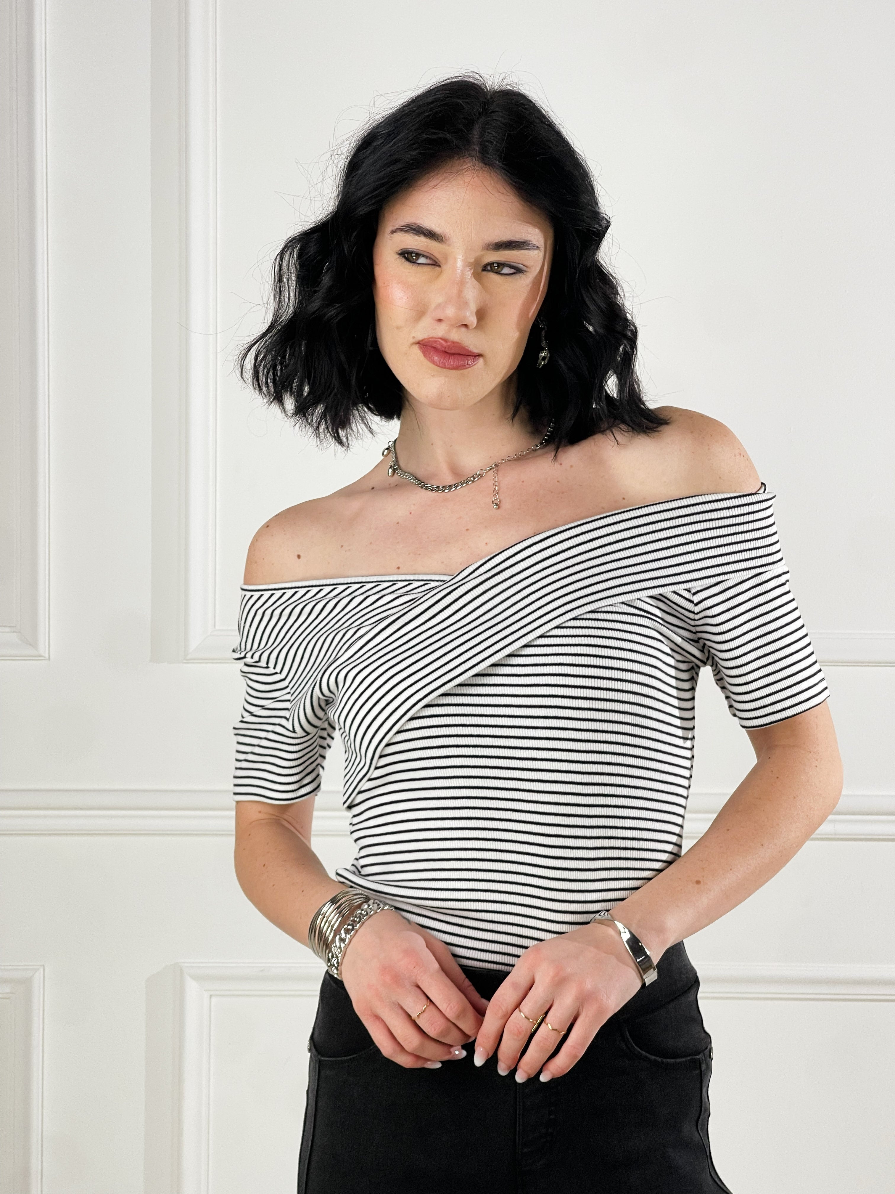 Maglia Bardot a righe|Colore:Bianco/nero