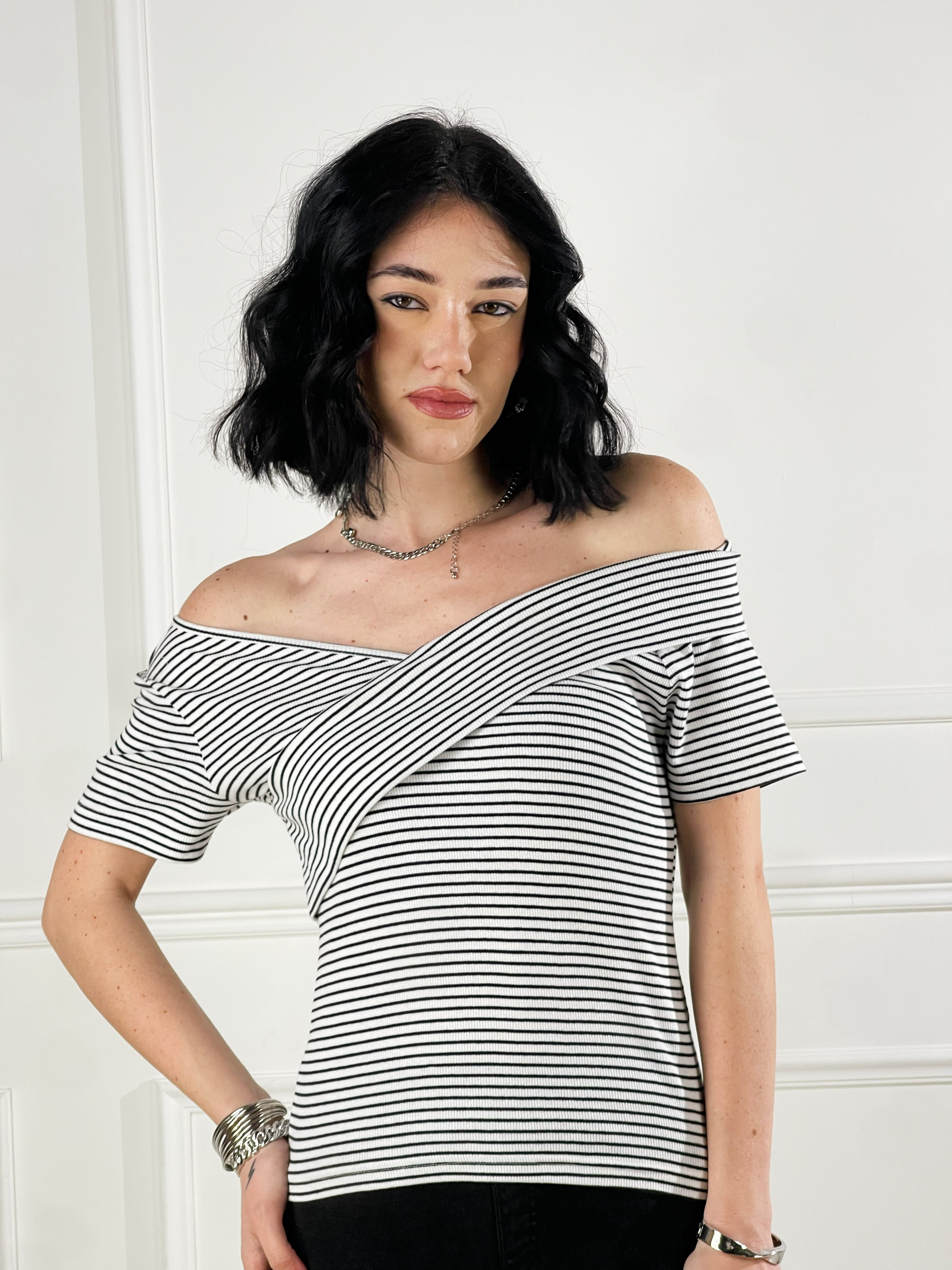 Maglia Bardot a righe|Colore:Bianco/nero