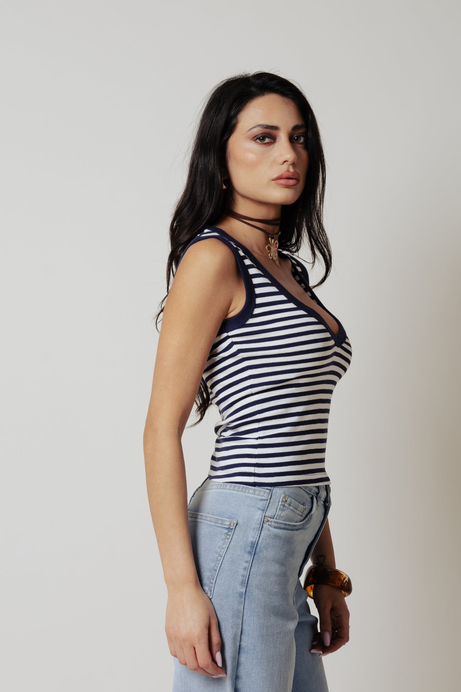 Canotta V a costina|Colore:Bianco/blu