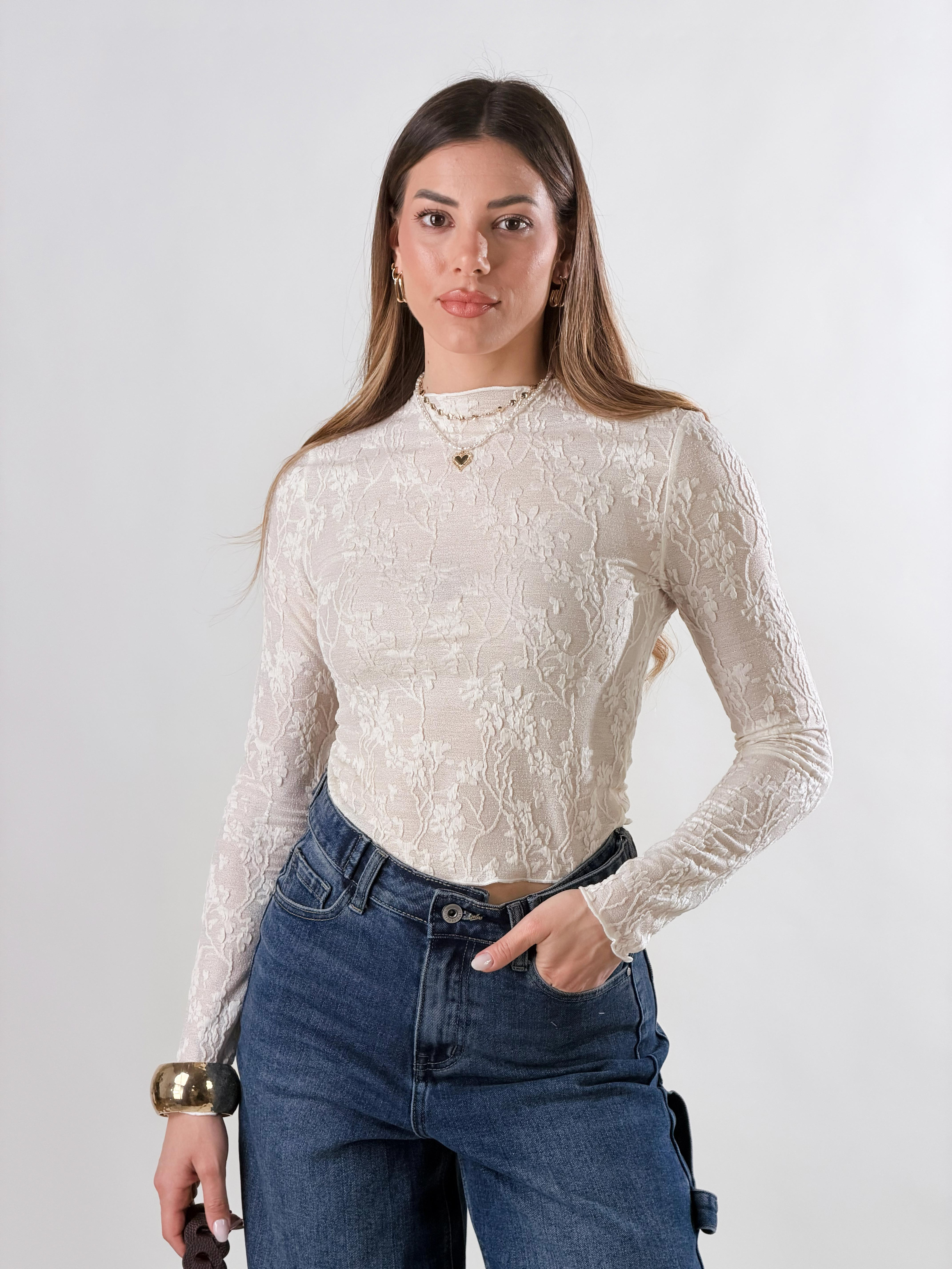 Maglia crop in pizzo|Colore:Bianco