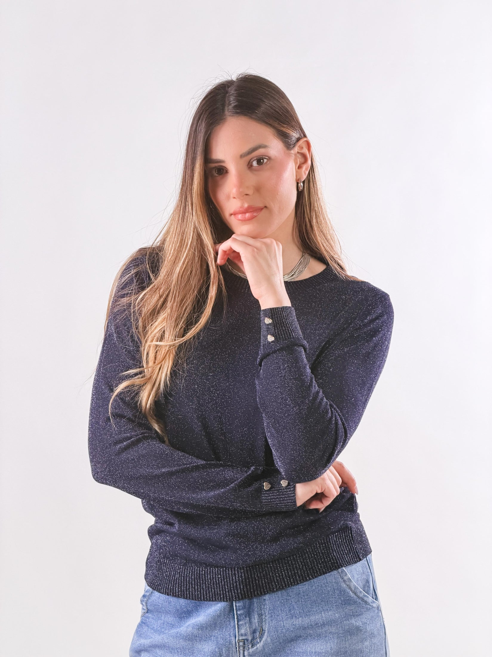 Maglia lurex con charms ai polsi|Colore:Blu scuro