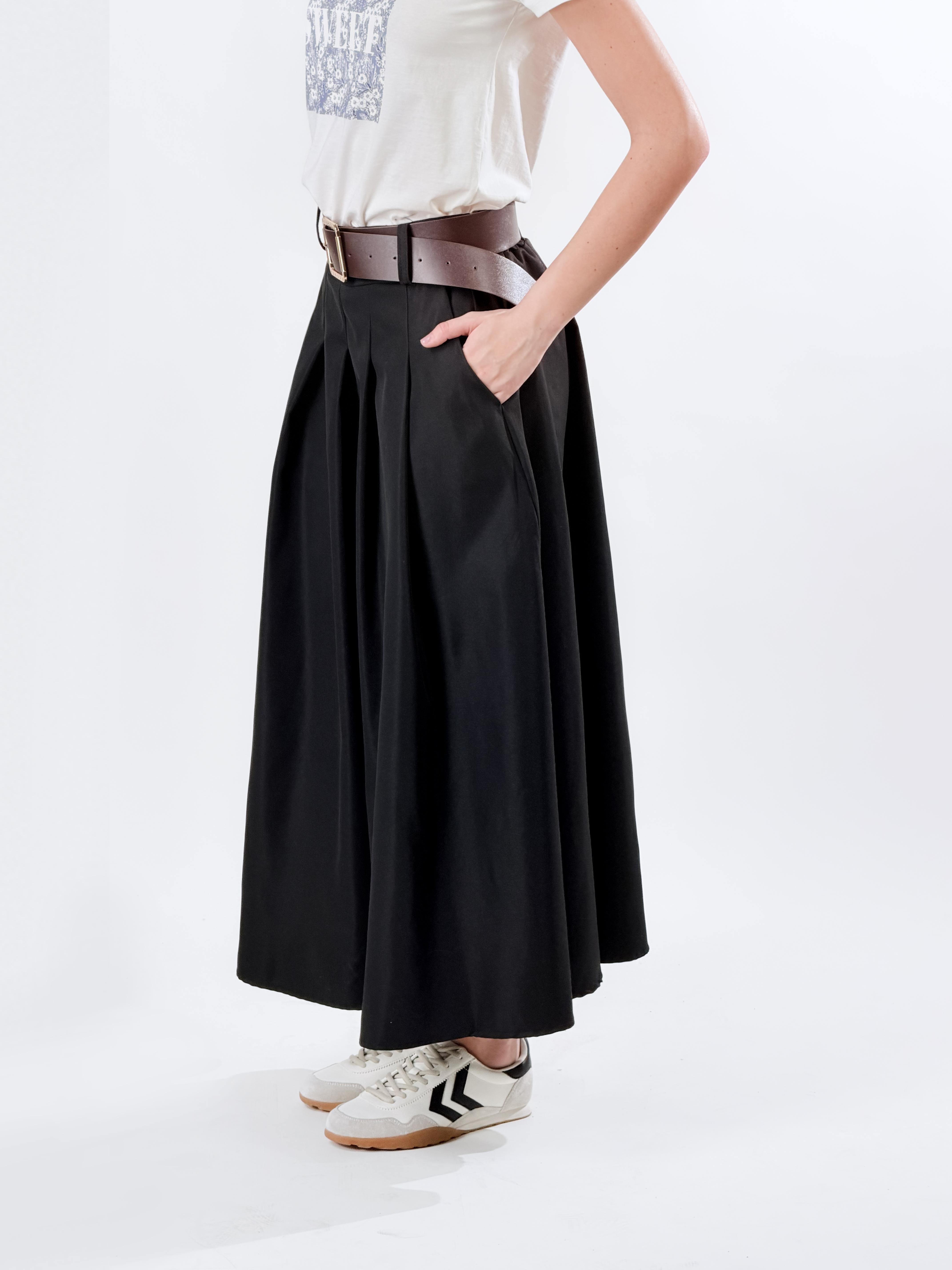 Gonna midi a pieghe|Colore:Nero