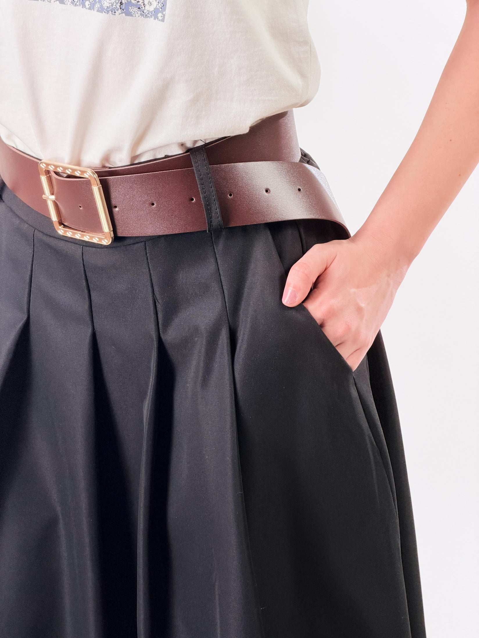 Gonna midi a pieghe|Colore:Nero