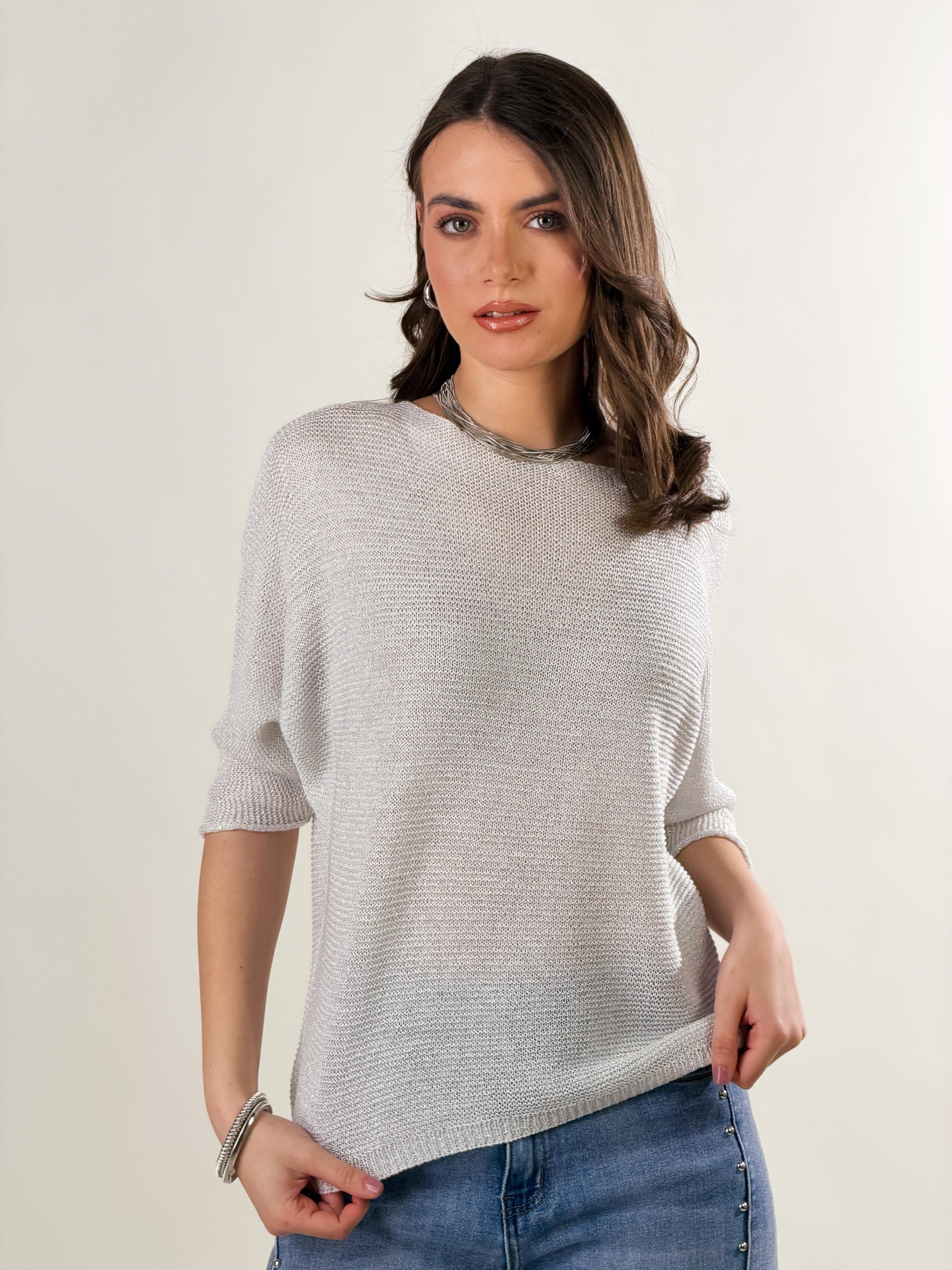 Maglia con lavorazione a maglia leggera, vestibili|Colore:Bianco