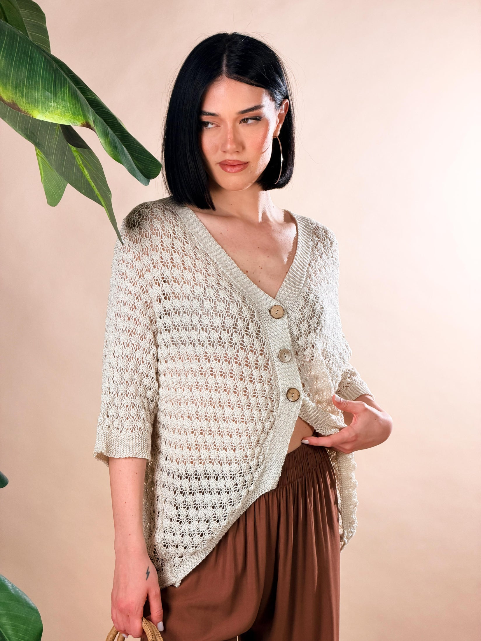 Cardigan in maglia traforata|Colore:Beige