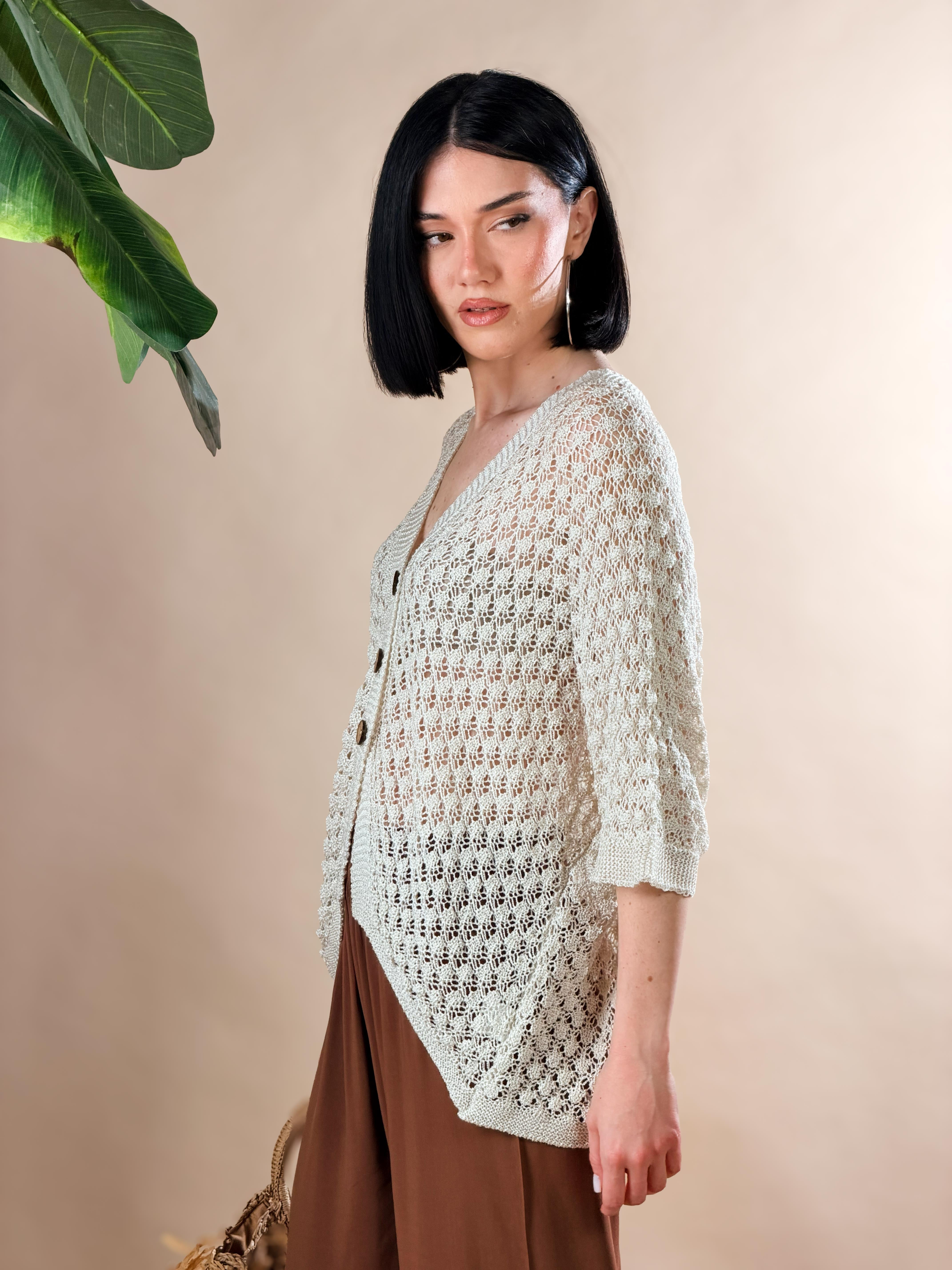 Cardigan in maglia traforata|Colore:Beige
