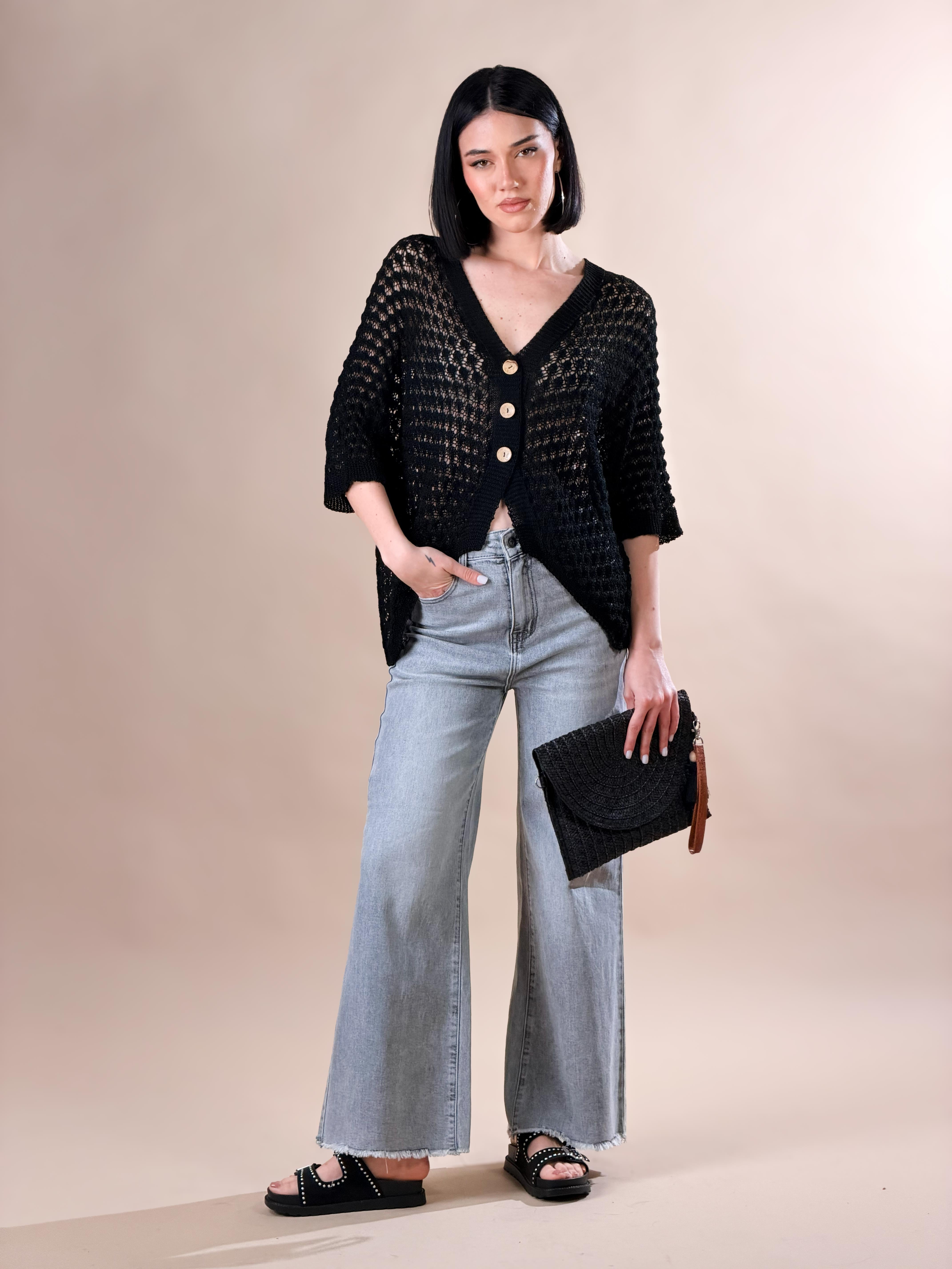 Cardigan in maglia traforata|Colore:Nero