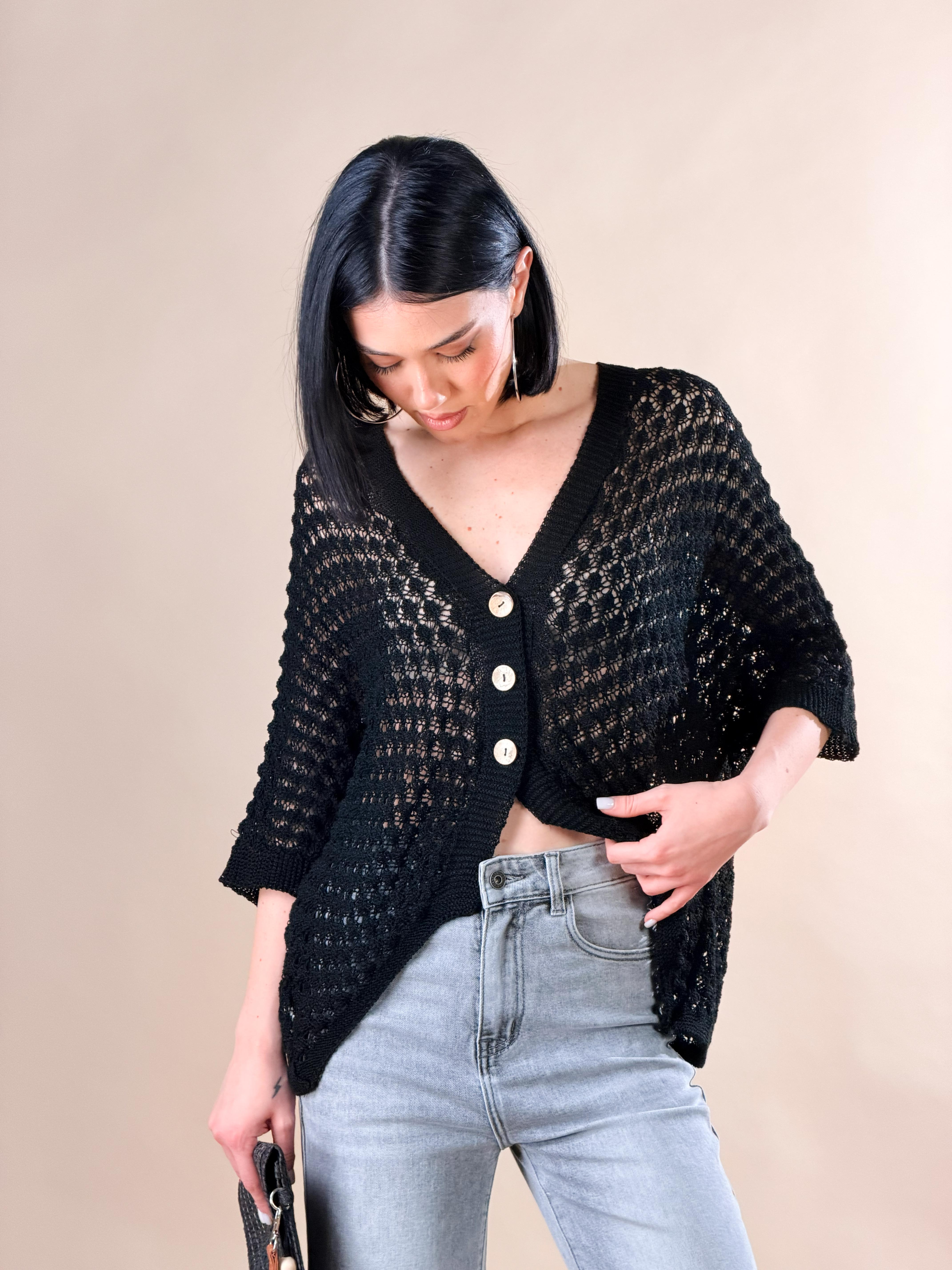 Cardigan in maglia traforata|Colore:Nero