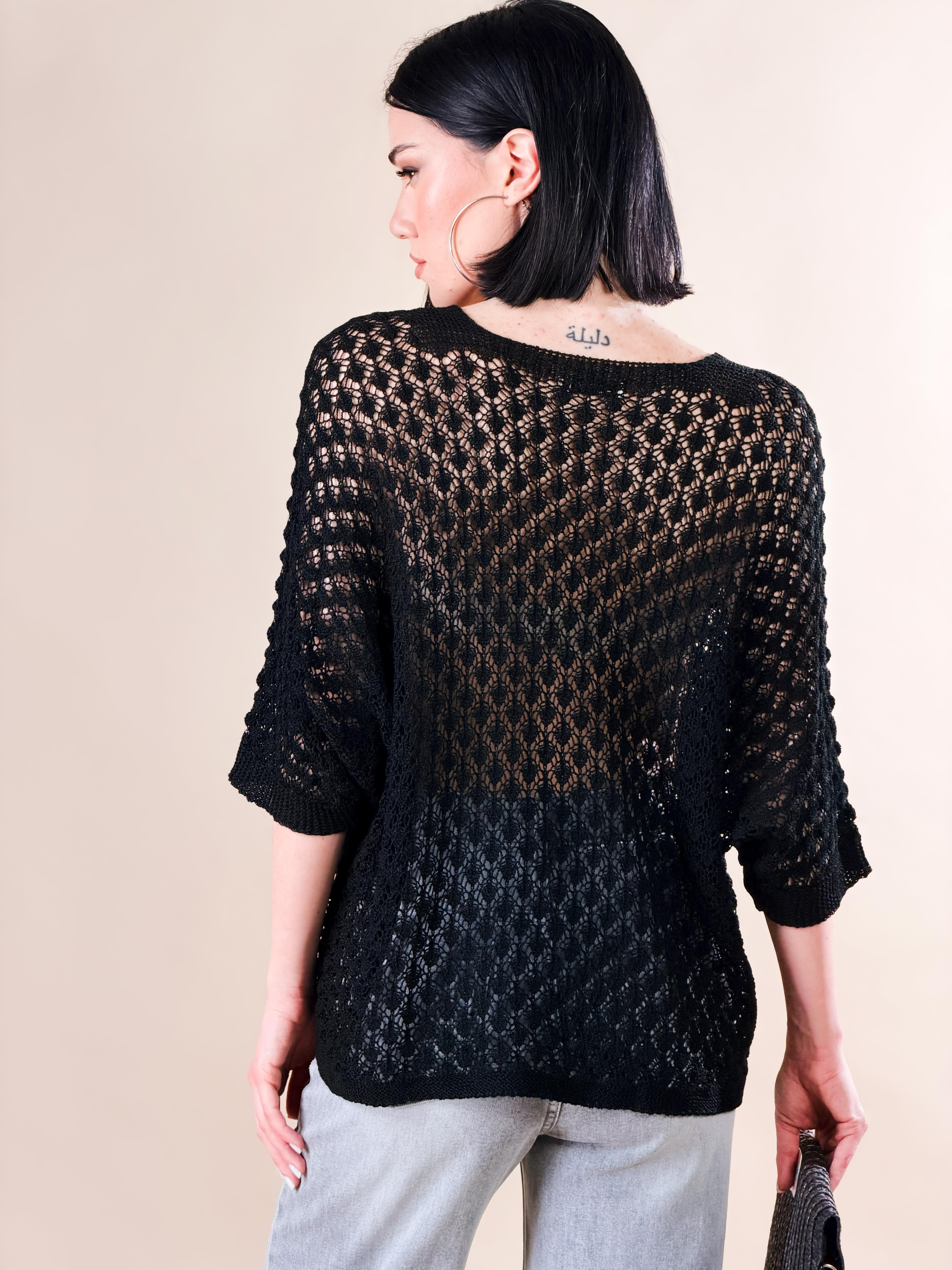 Cardigan in maglia traforata|Colore:Nero