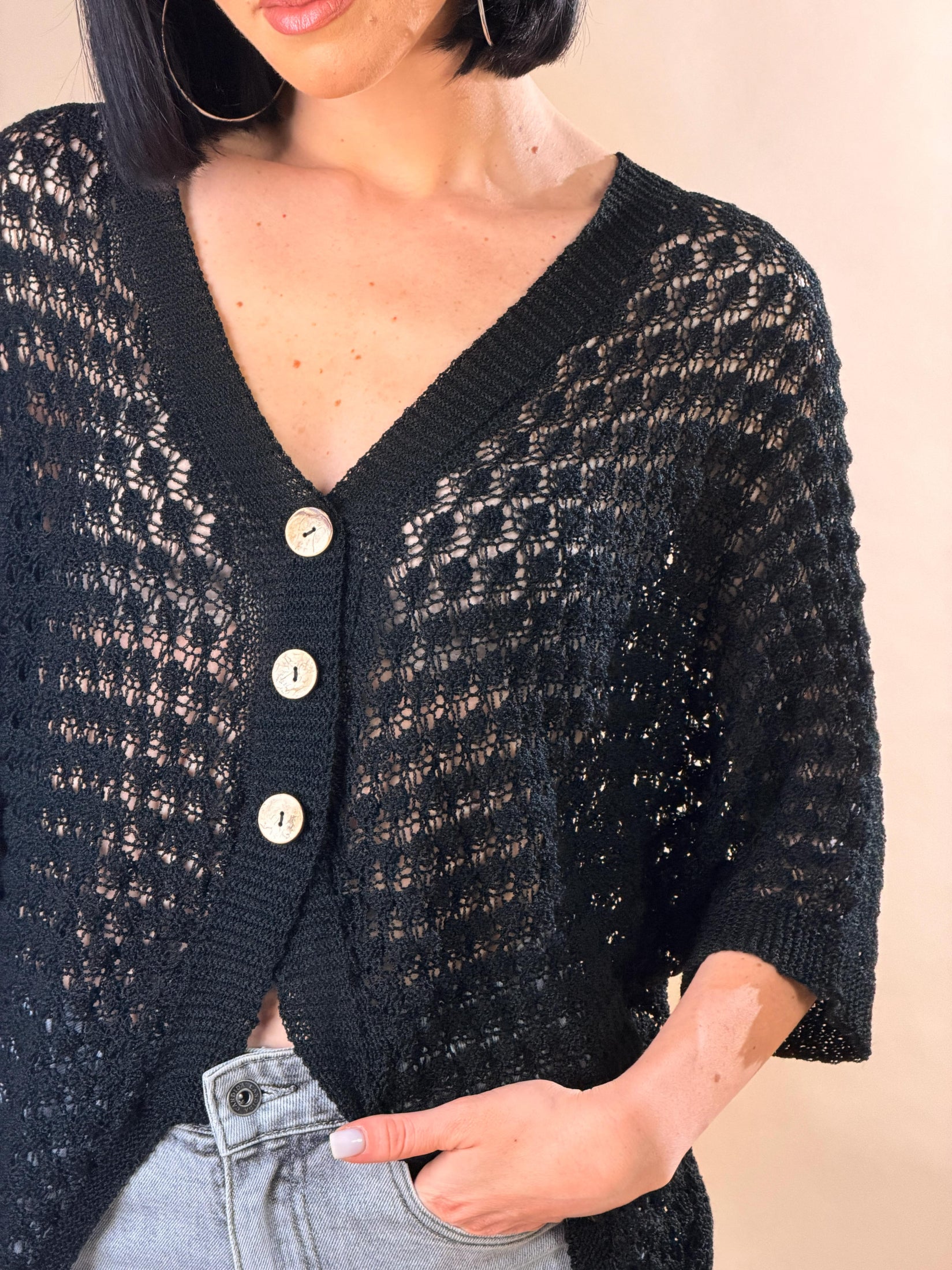 Cardigan in maglia traforata|Colore:Nero