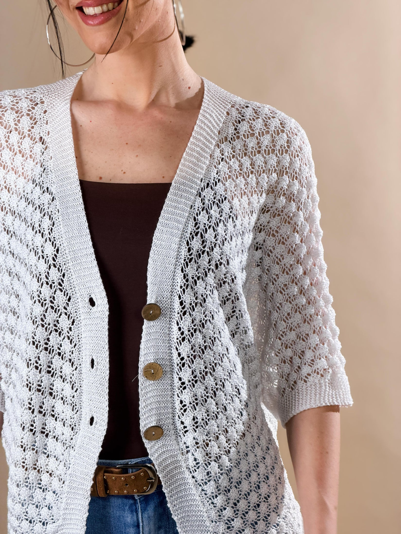 Cardigan in maglia traforata|Colore:Bianco