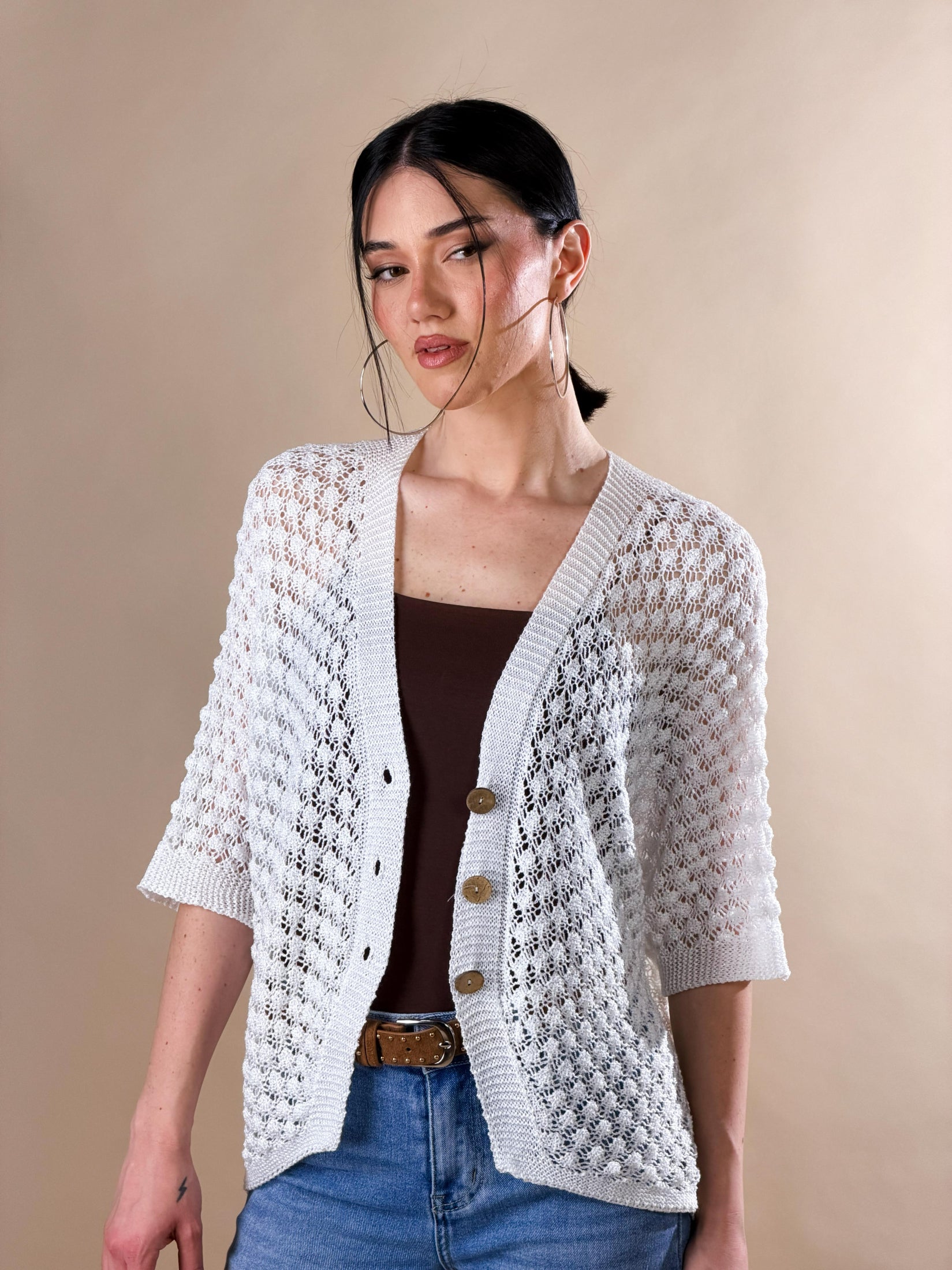 Cardigan in maglia traforata|Colore:Bianco