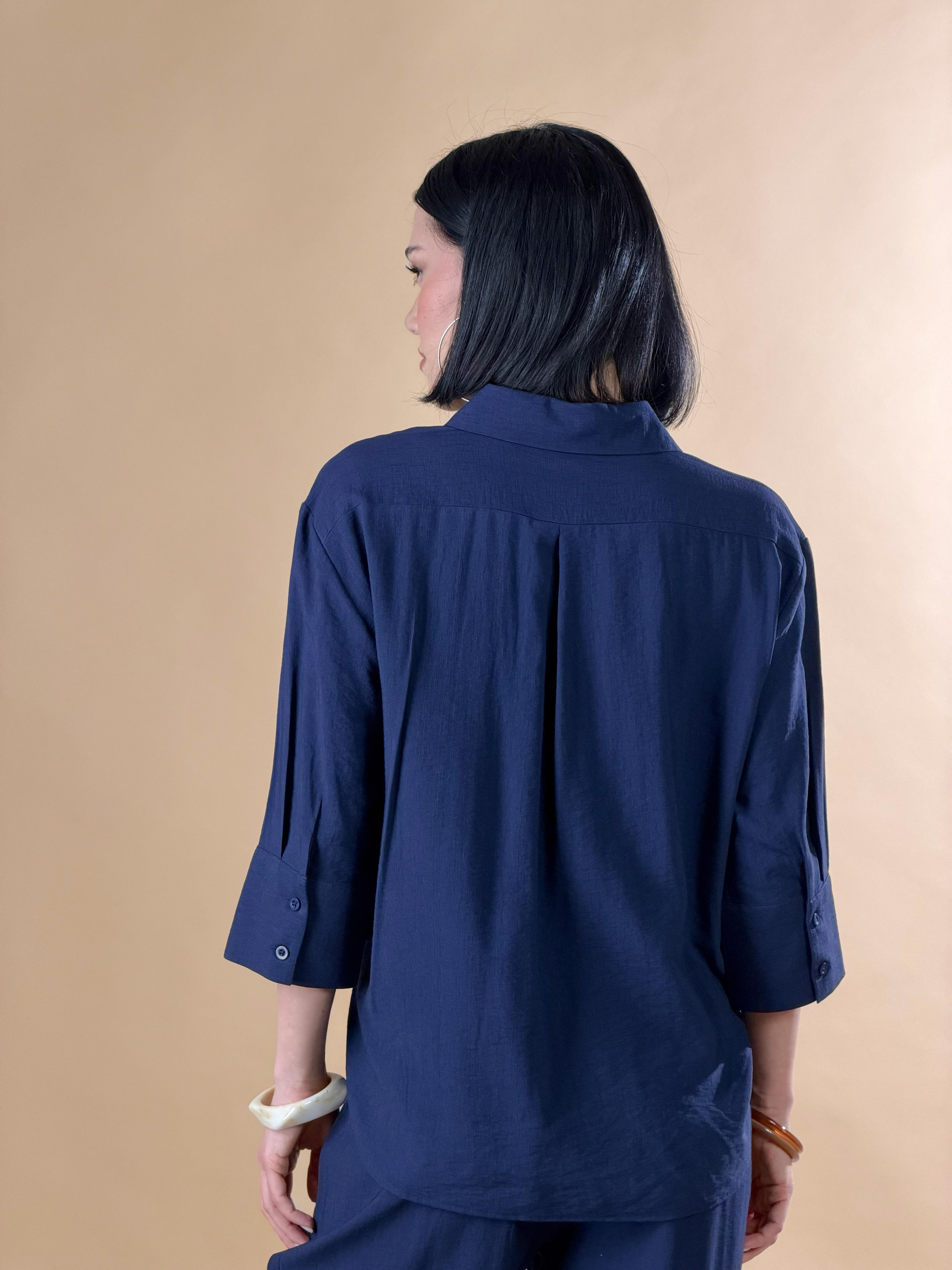 Camicia con bottoni e maniche a tre quarti|Colore:Blu