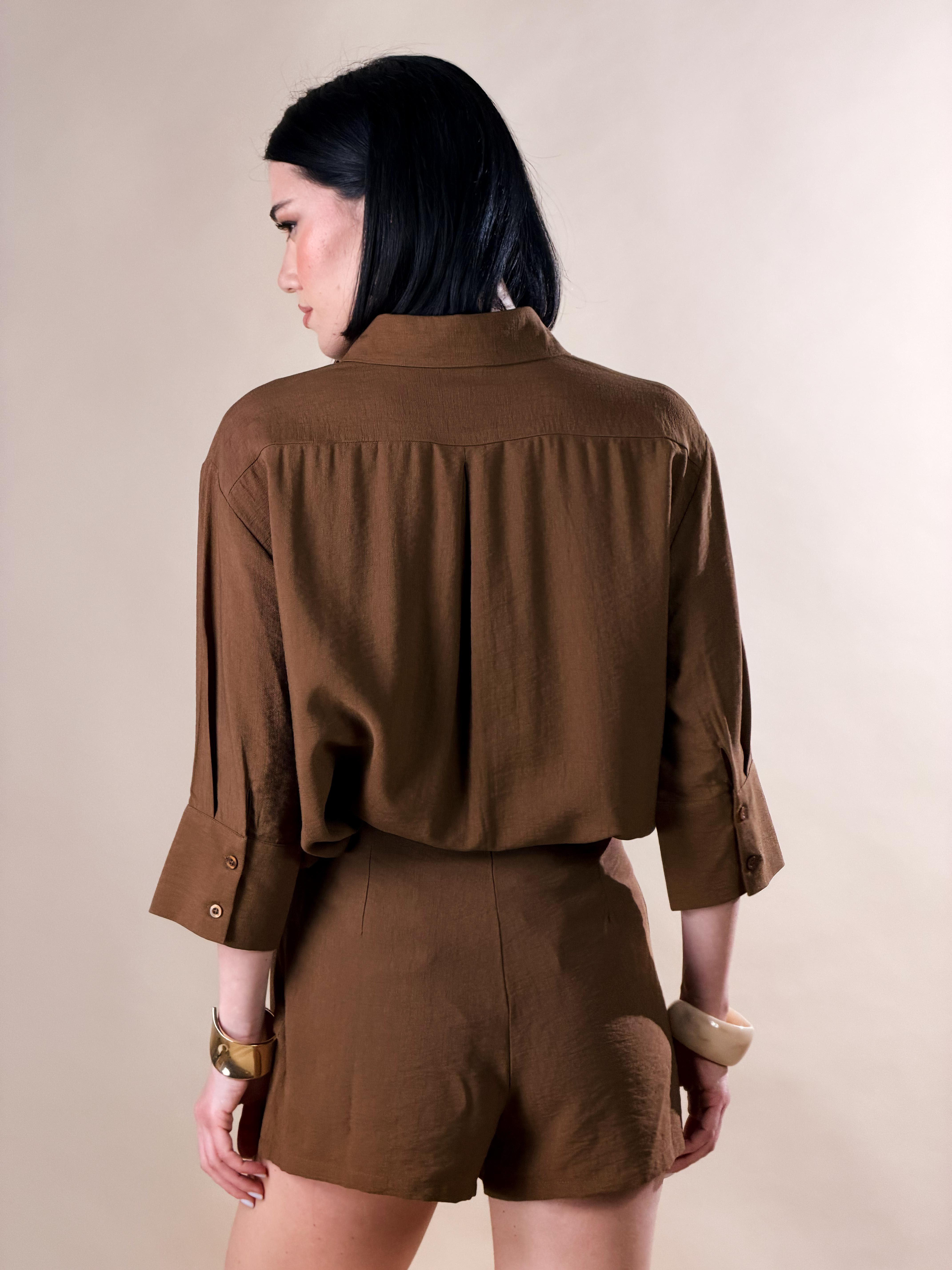 Camicia con bottoni e maniche a tre quarti|Colore:Cioccolato