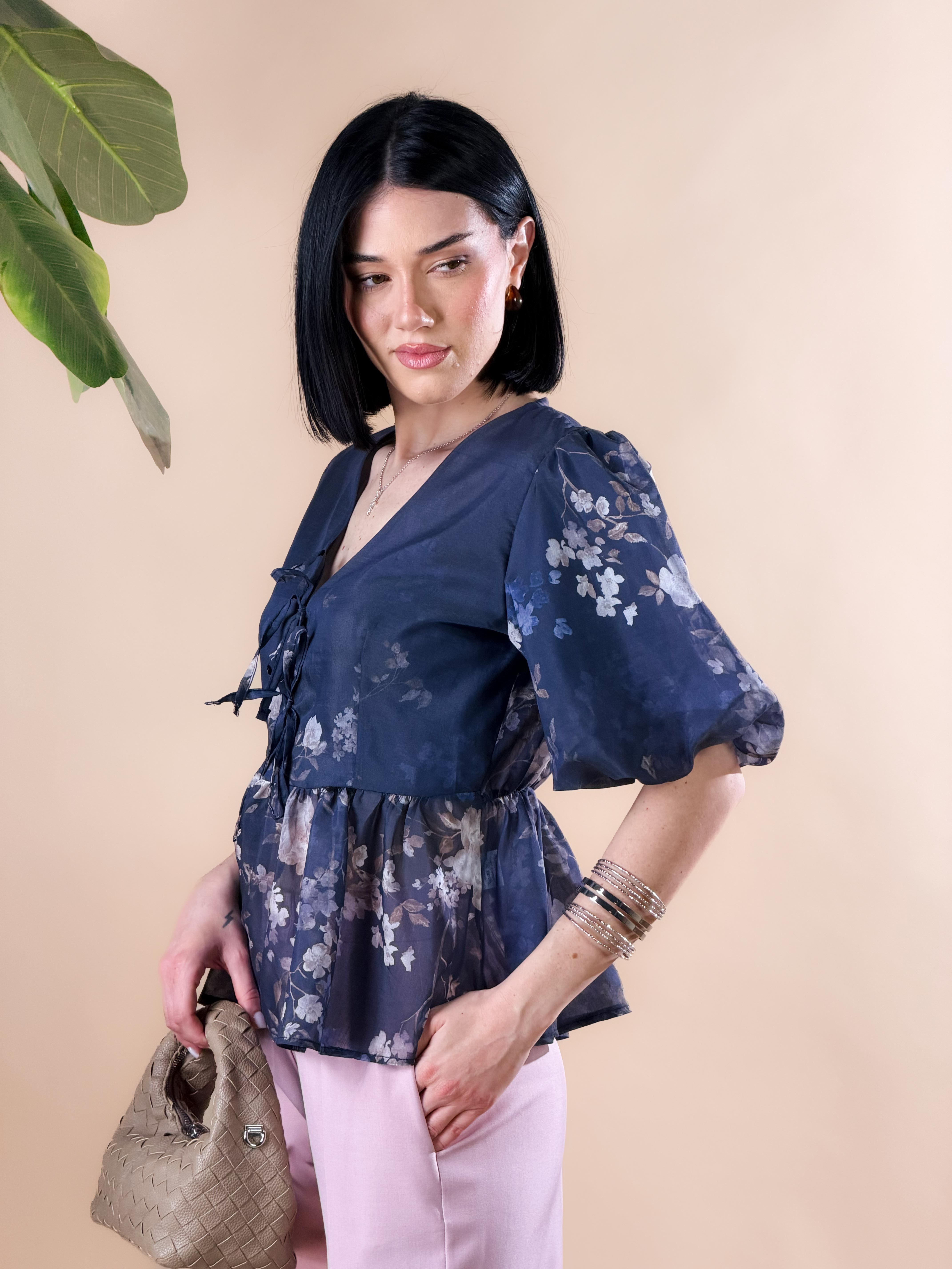 Camicetta stampa floreale e maniche a sbuffo|Colore:Blu