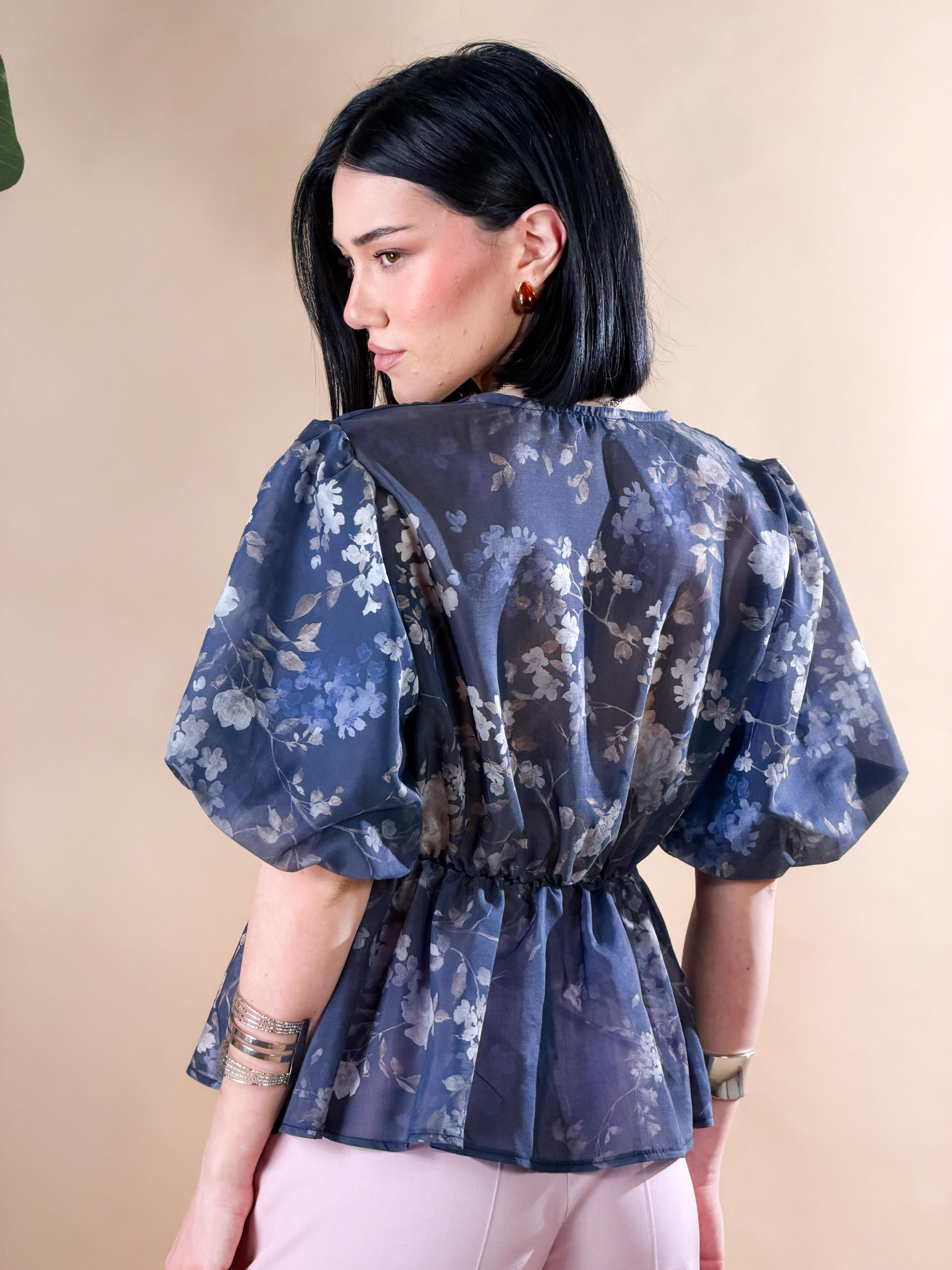 Camicetta stampa floreale e maniche a sbuffo|Colore:Blu