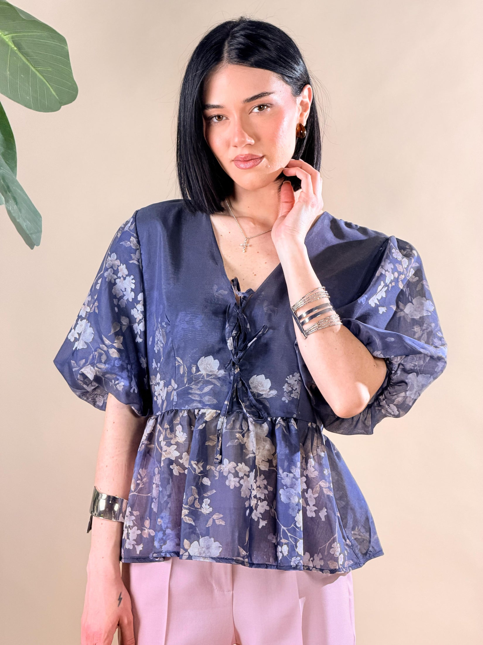 Camicetta stampa floreale e maniche a sbuffo|Colore:Blu