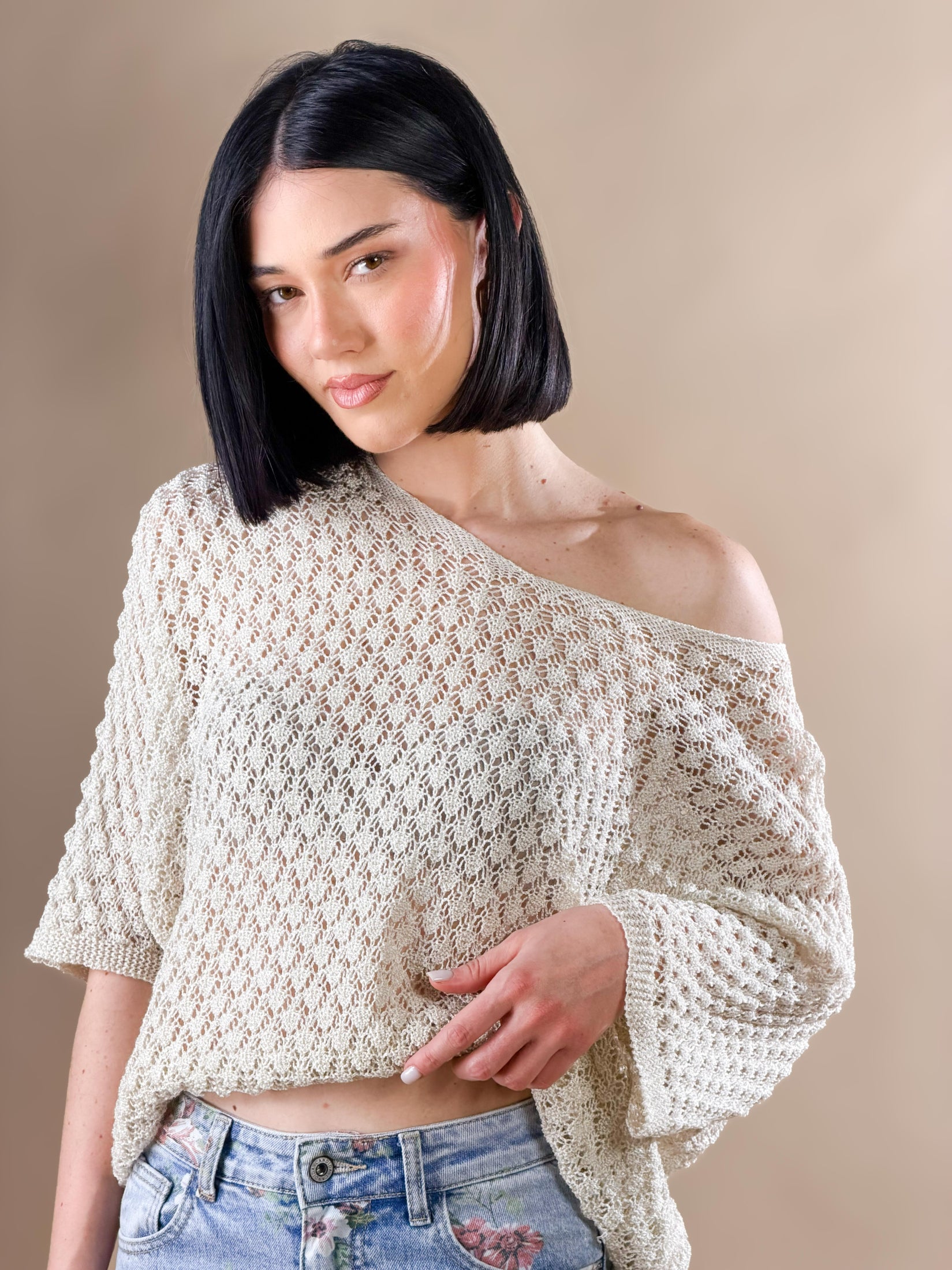 Maglia traforata in stile "crochet"|Colore:Beige