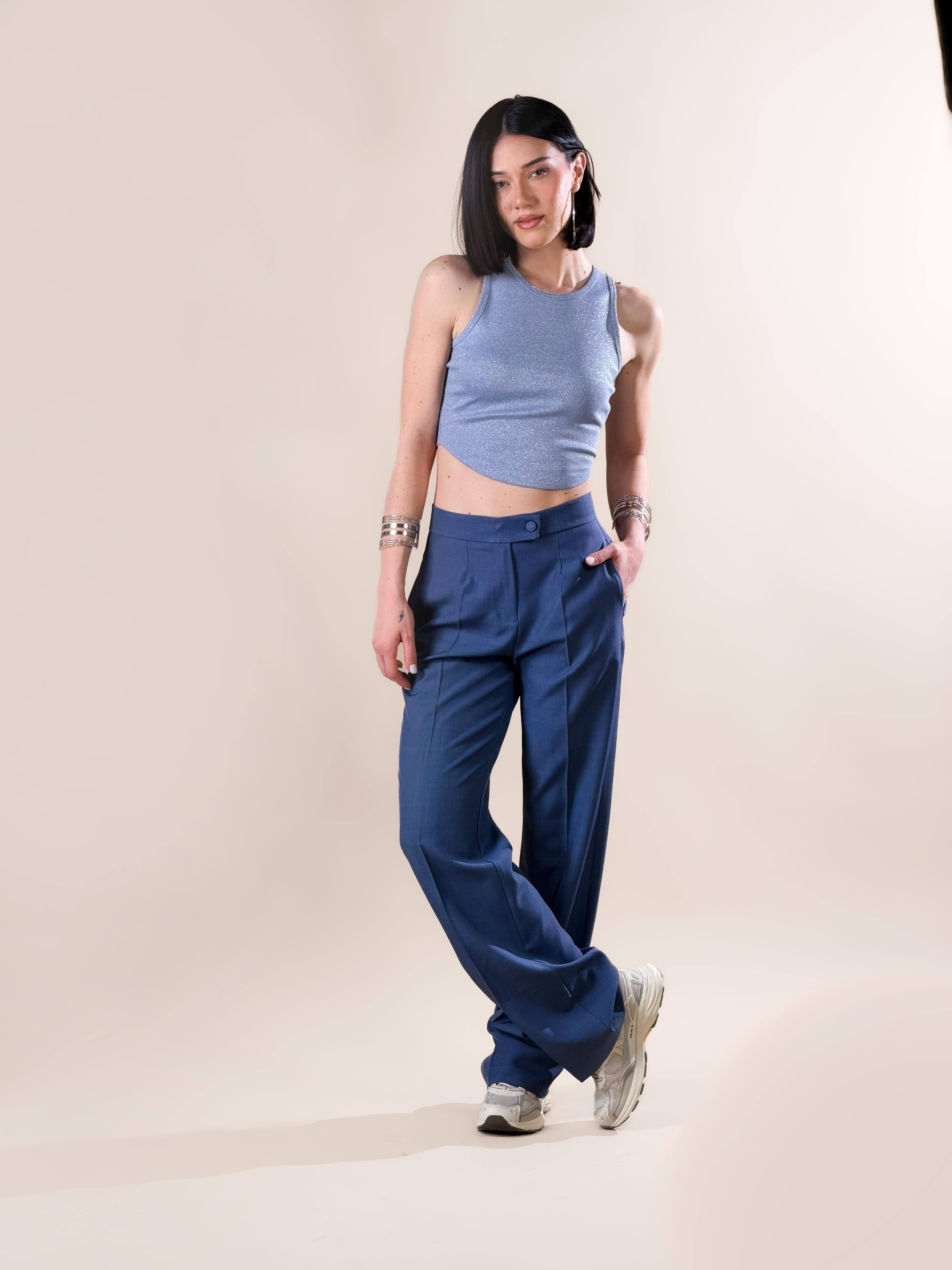 Pantalone palazzo con pinces|Colore:Denim