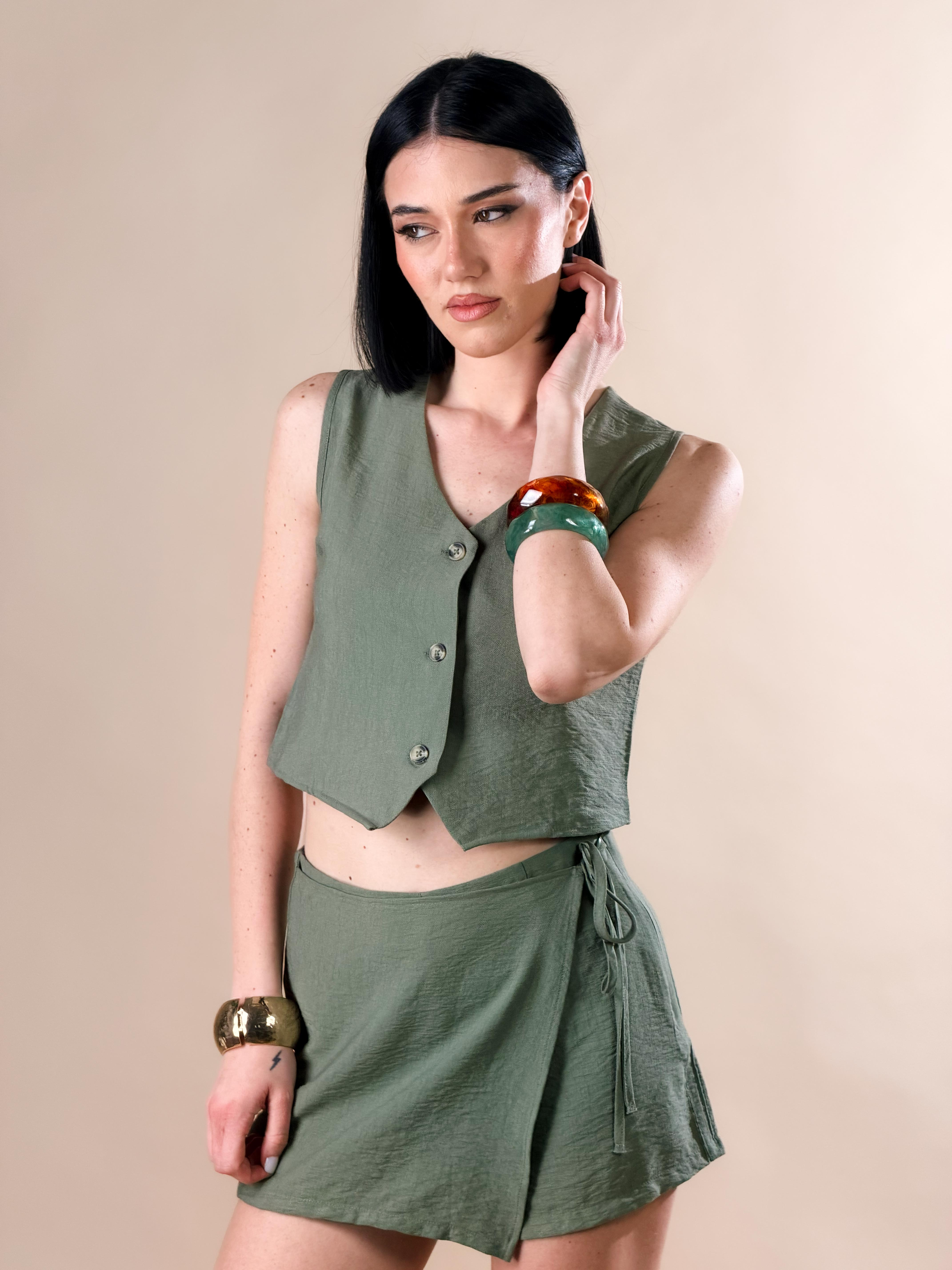 Gonna Short effetto lino|Colore:Verde militare