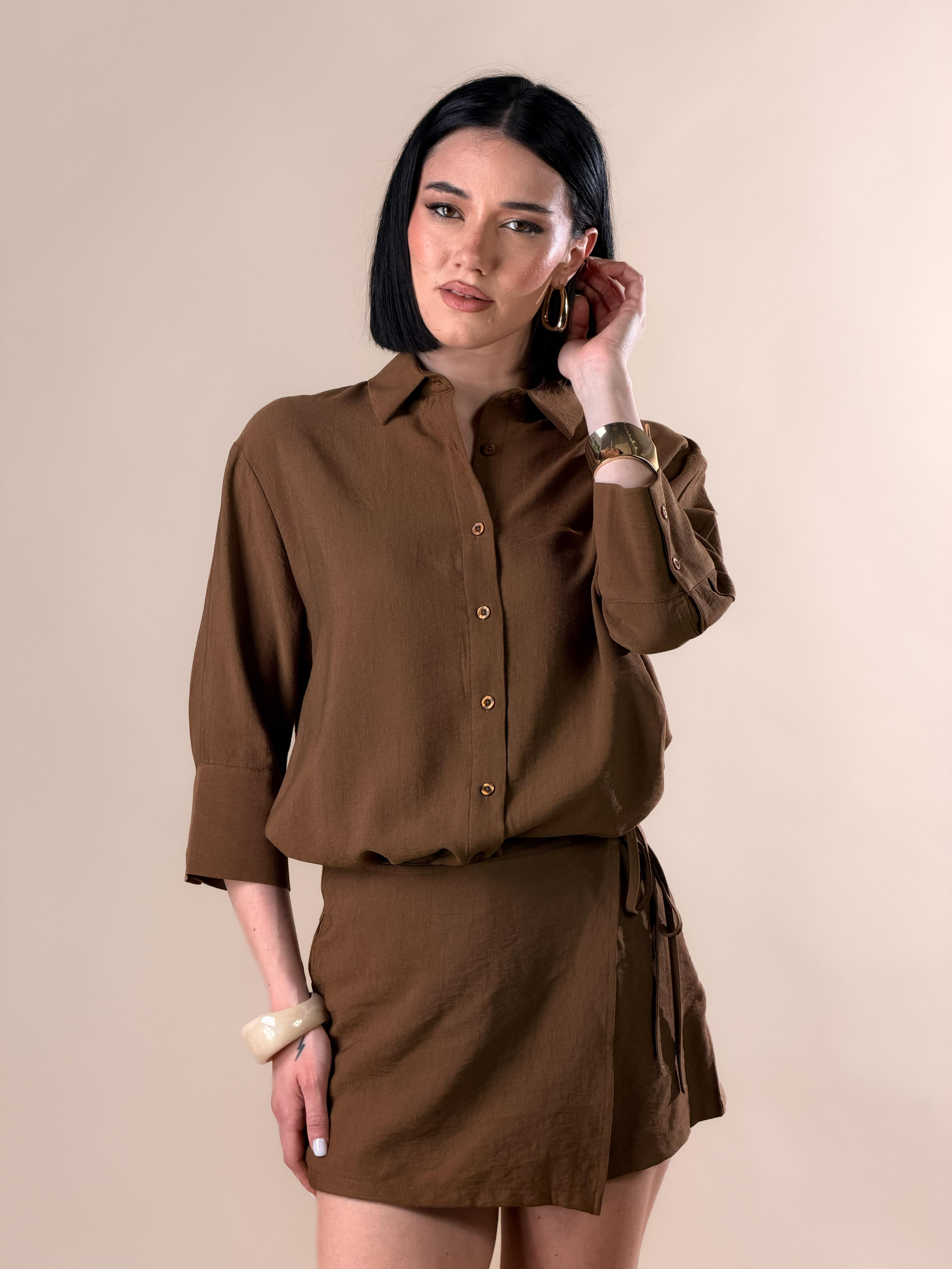 Gonna Short effetto lino|Colore:Cioccolato