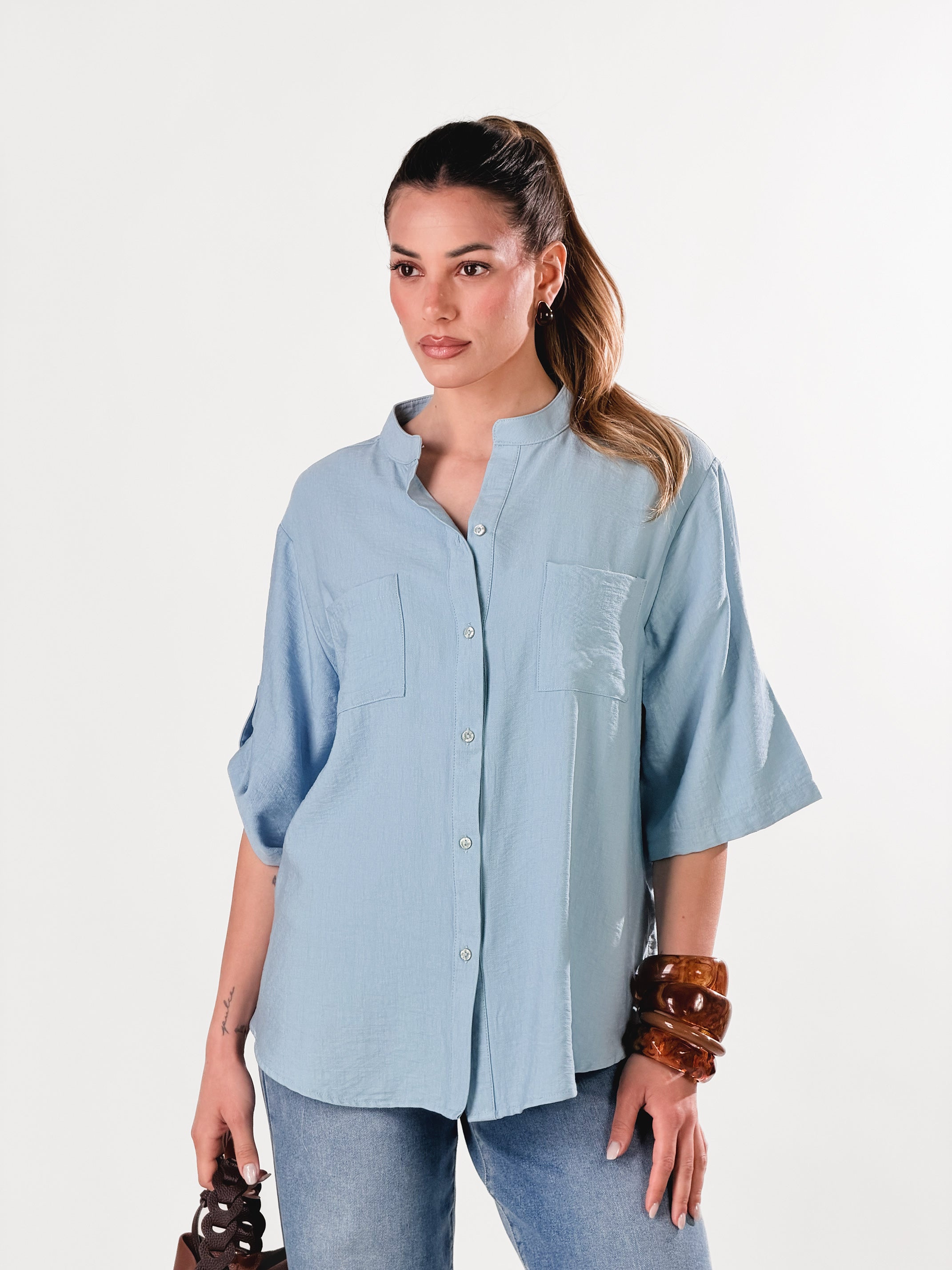 Camicia Coreana effetto lino|Colore:Celeste