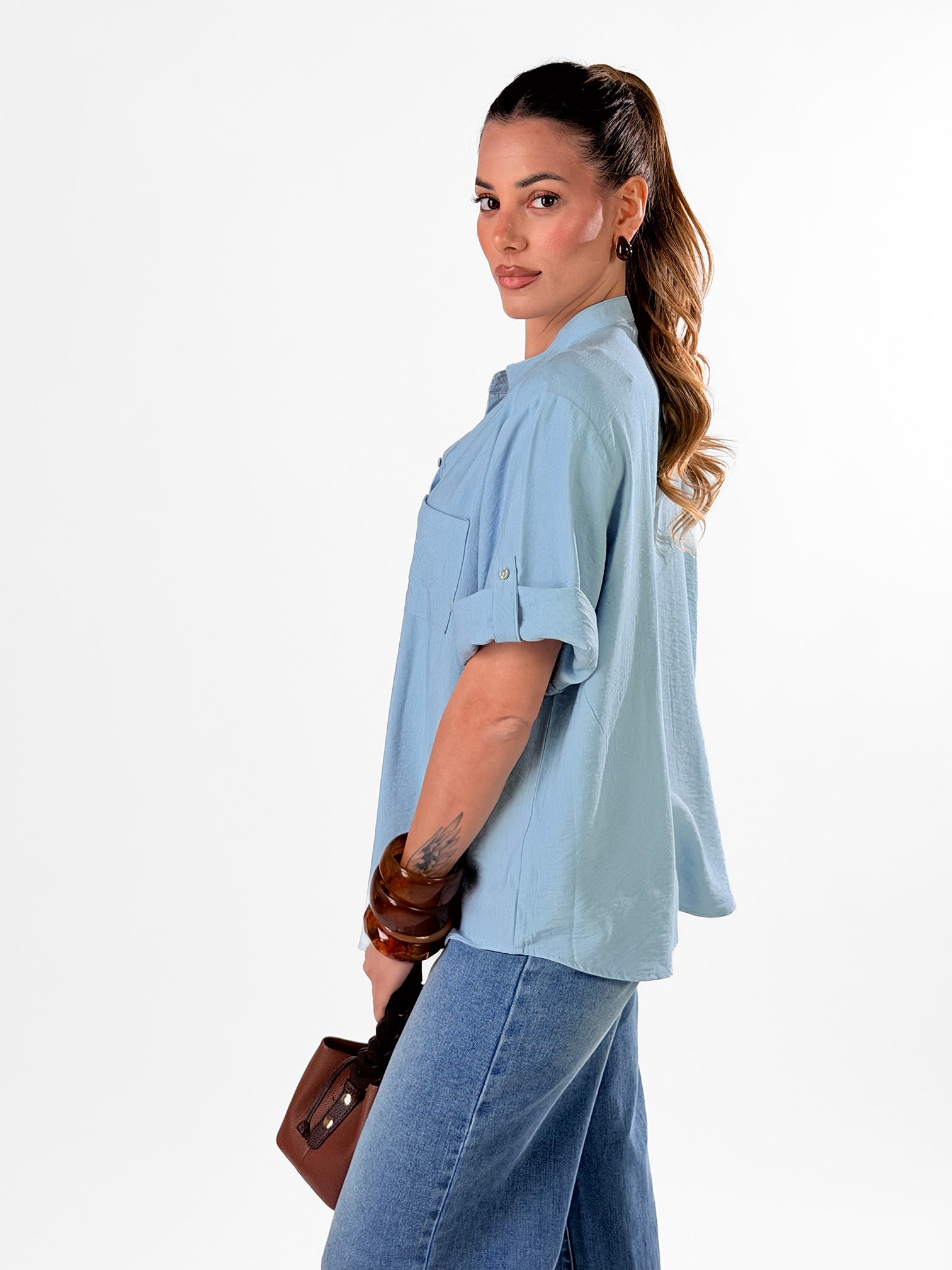 Camicia Coreana effetto lino|Colore:Celeste