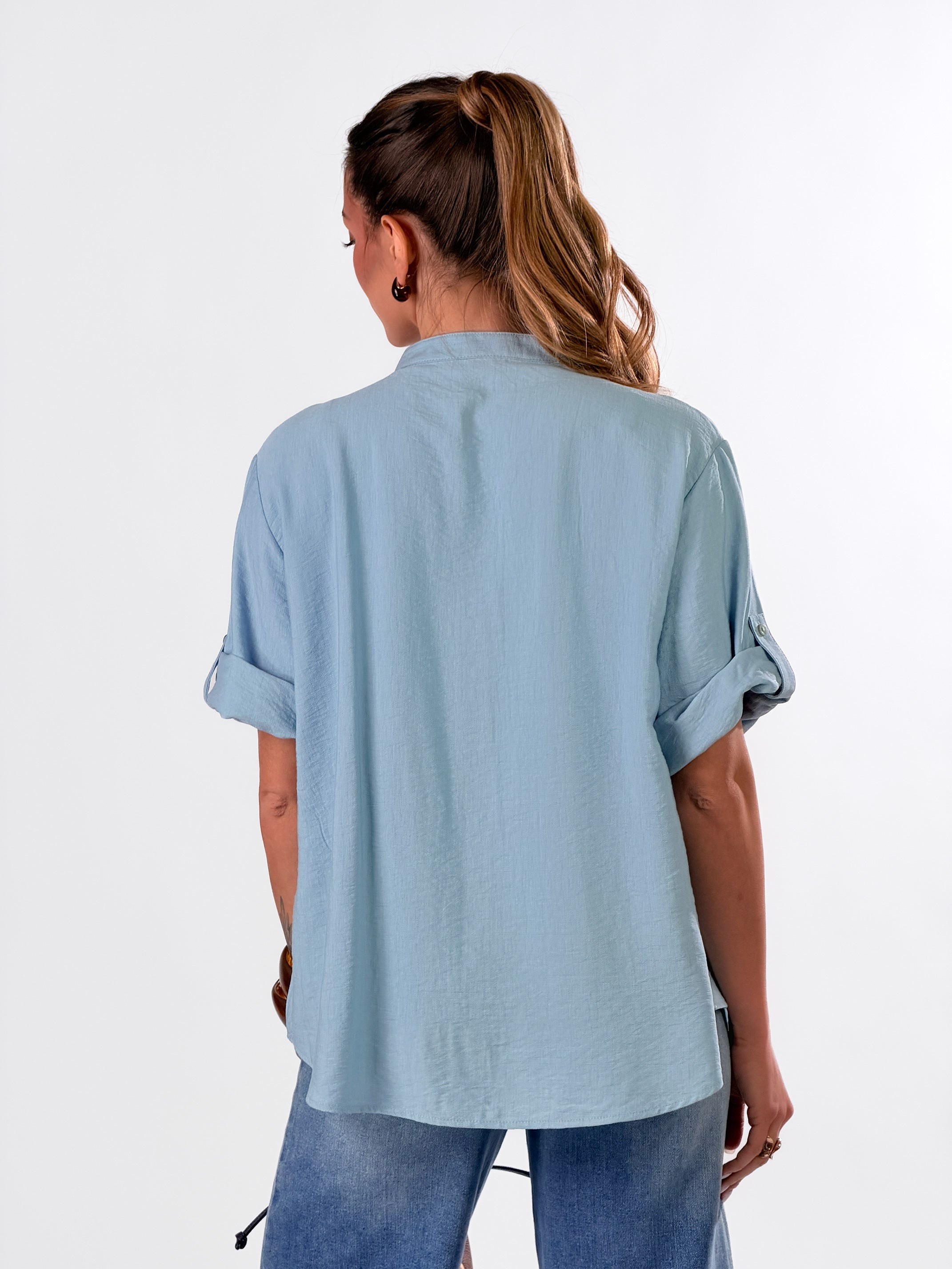 Camicia Coreana effetto lino|Colore:Celeste