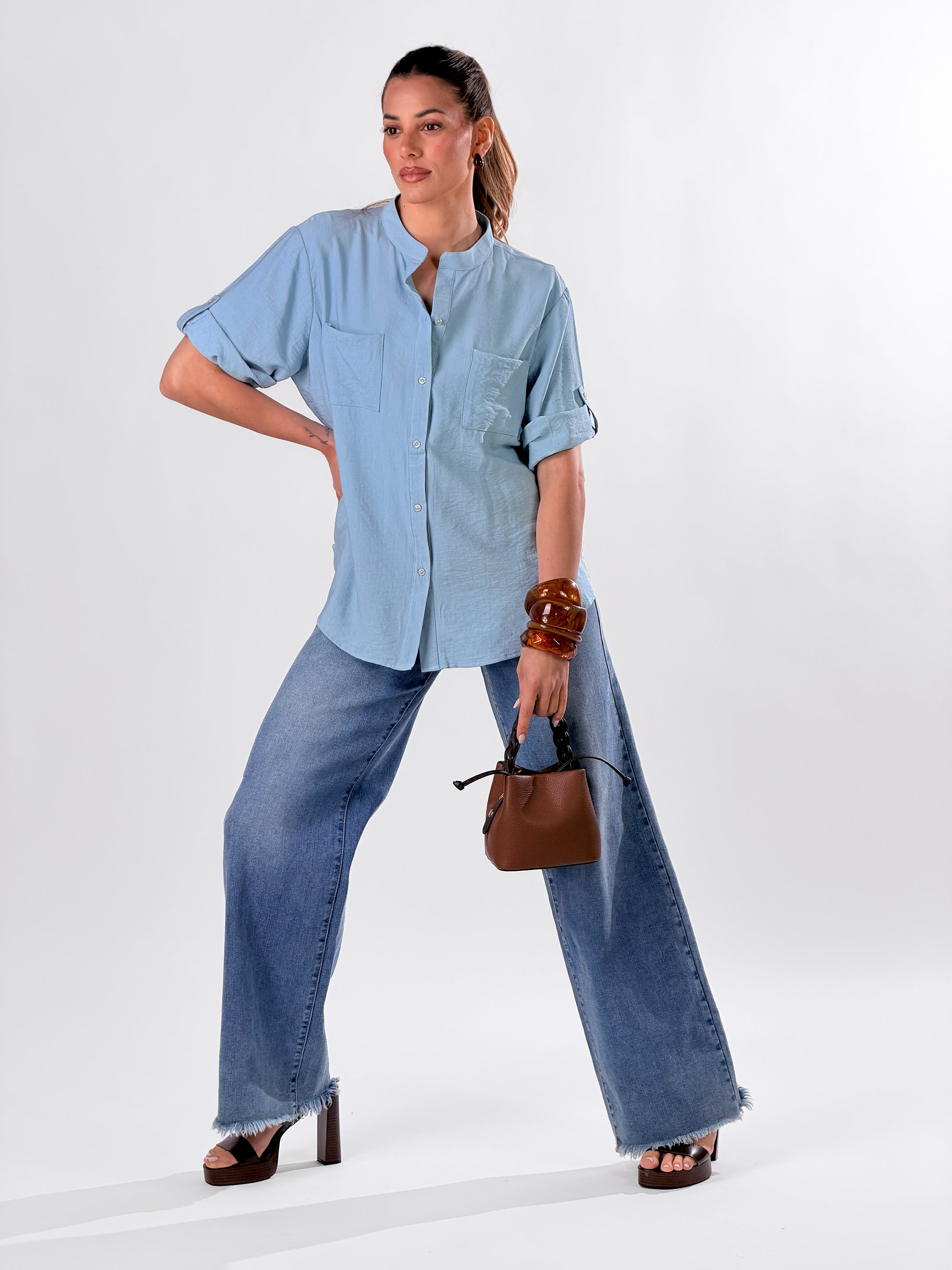 Camicia Coreana effetto lino|Colore:Celeste