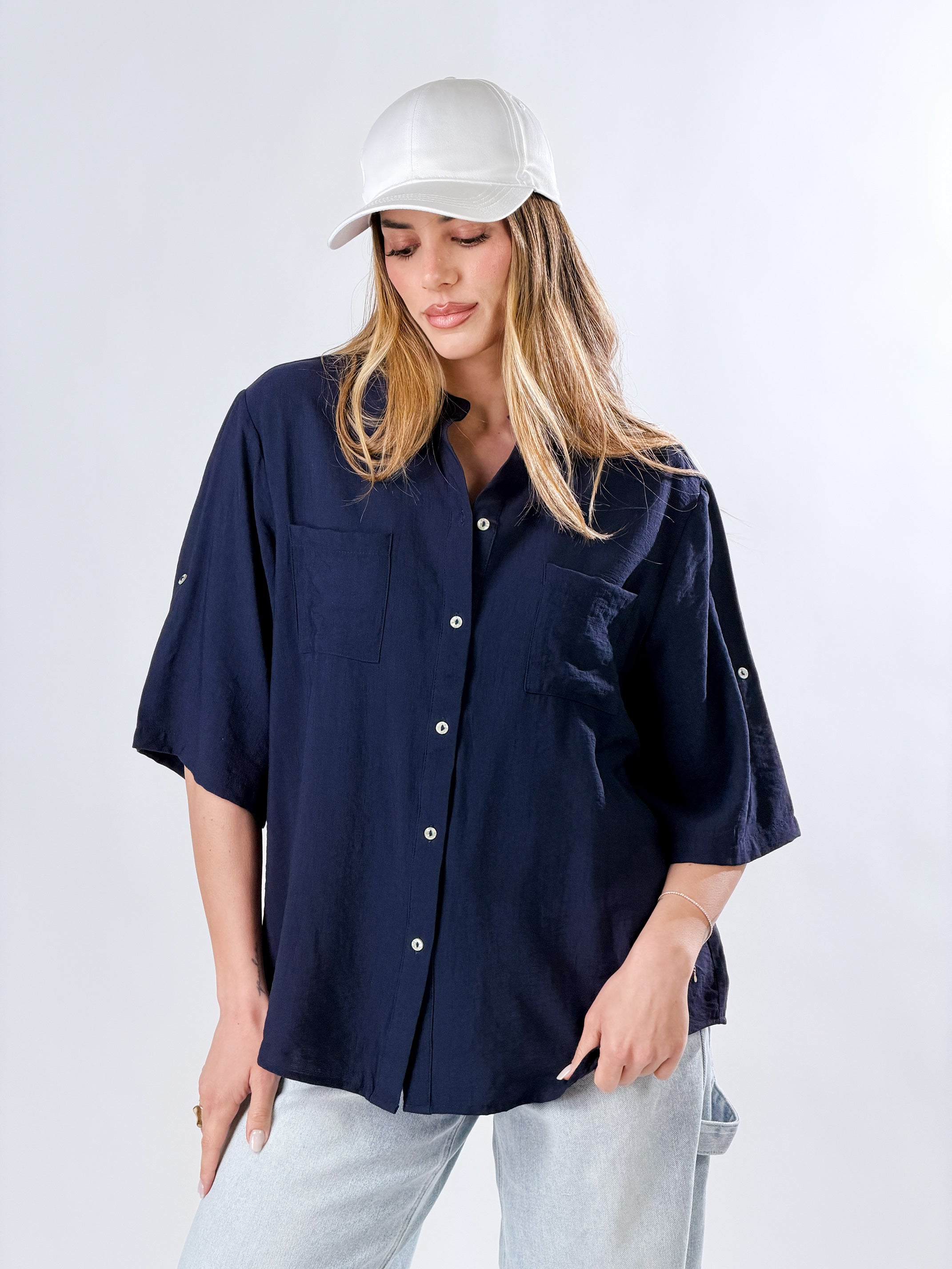 Camicia Coreana effetto lino|Colore:Blu