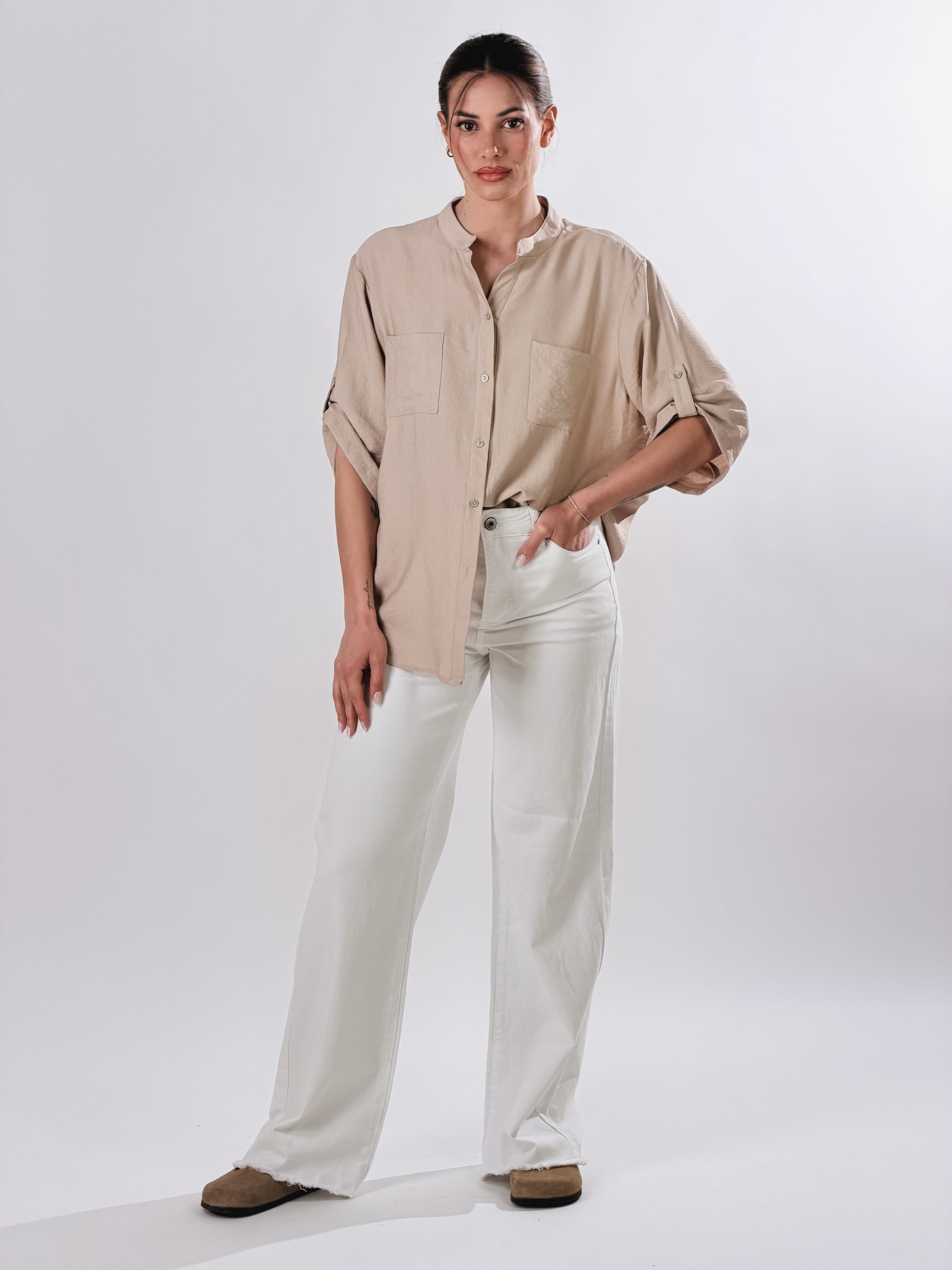 Camicia Coreana effetto lino|Colore:Beige