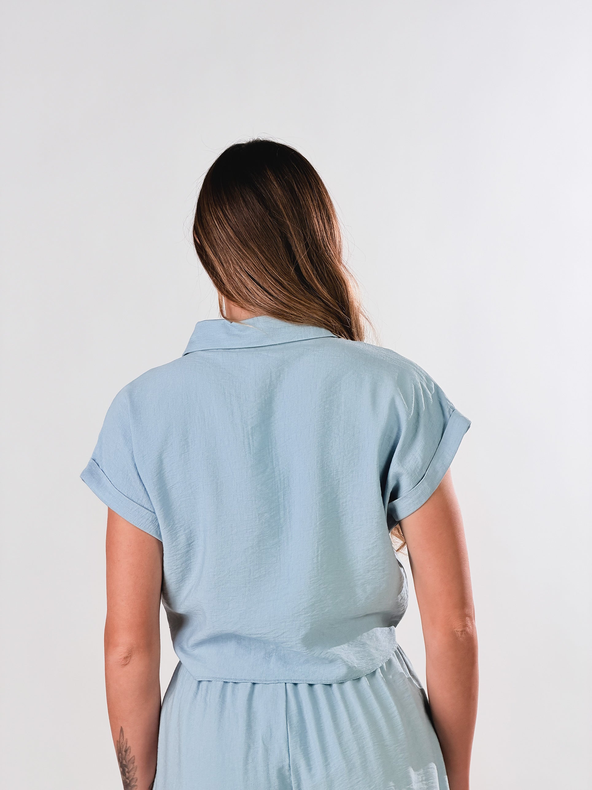 Camicia con nodo effetto lino|Colore:Celeste