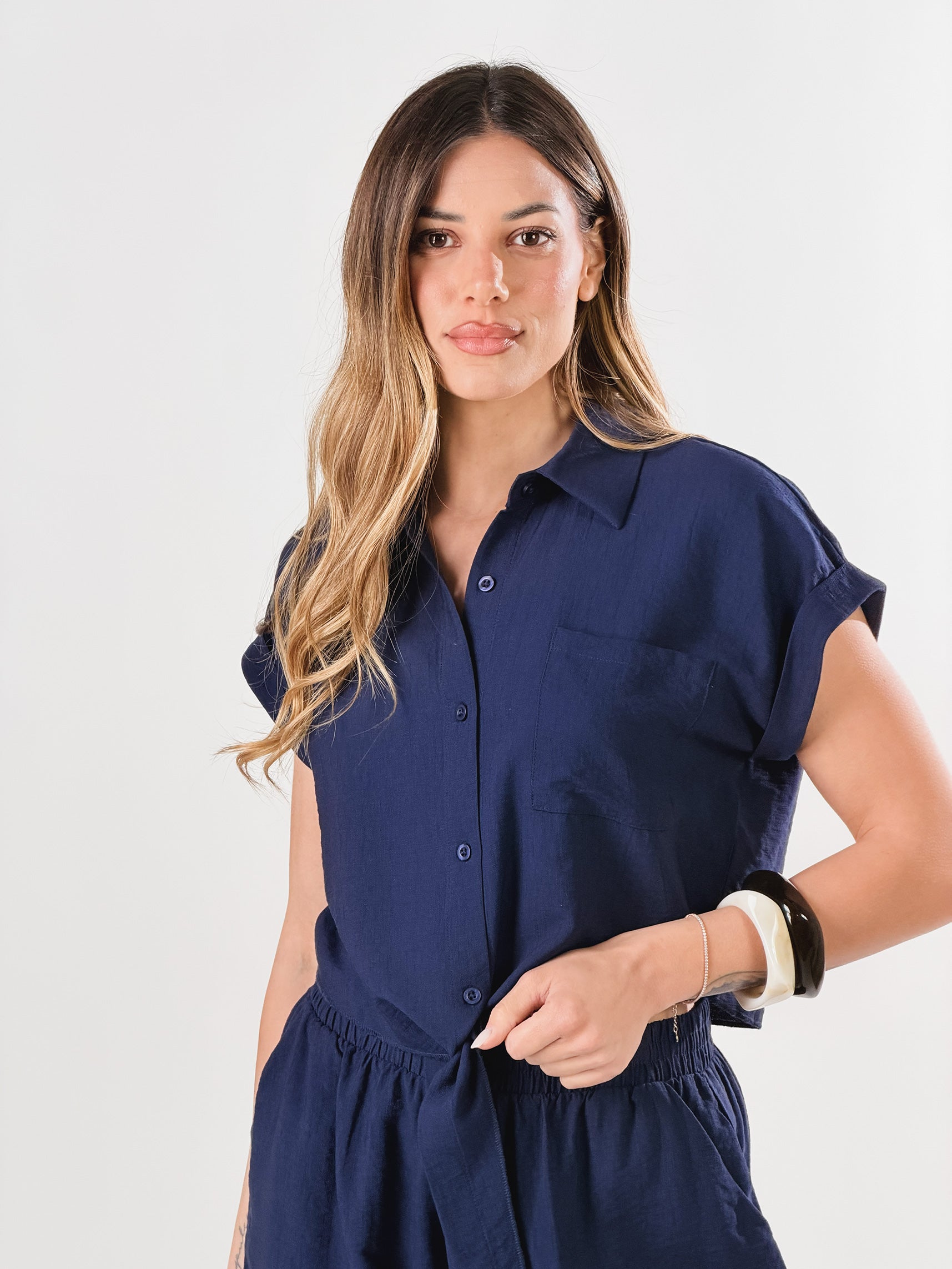 Camicia con nodo effetto lino|Colore:Blu