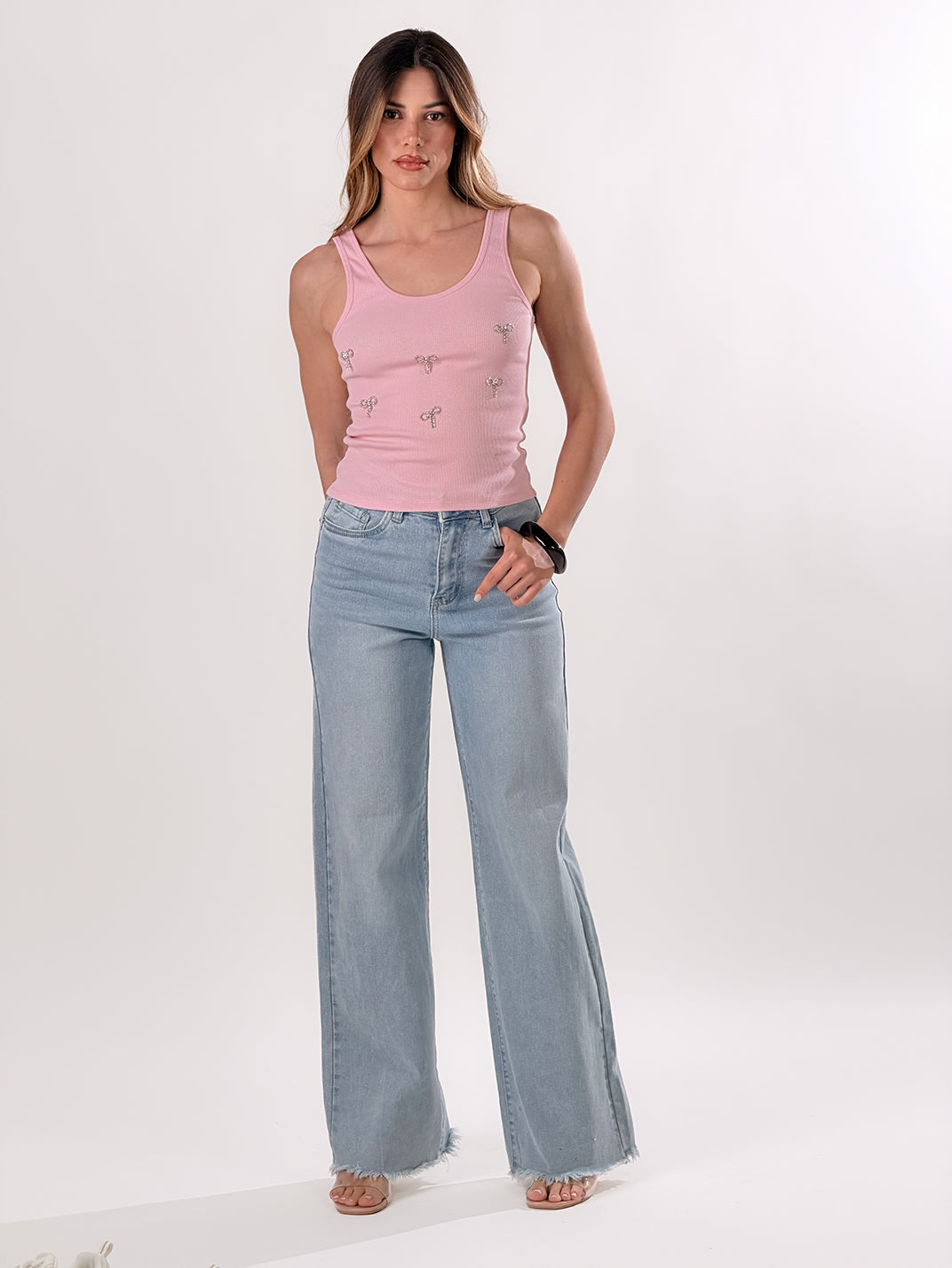Canotta con applicazioni fiocchi|Colore:Rosa chiaro