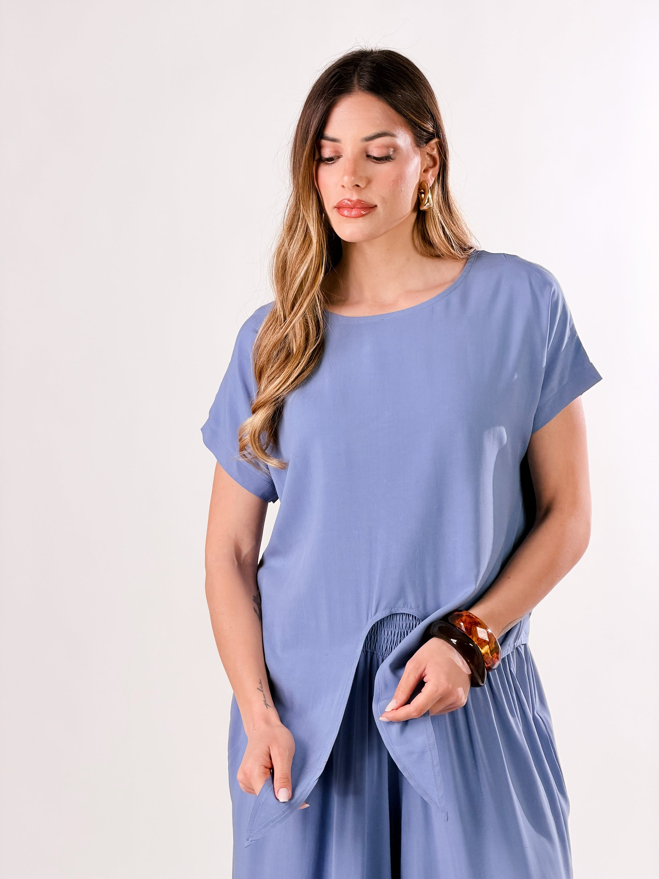 T-Shirt Cropped con Nodo|Colore:Denim