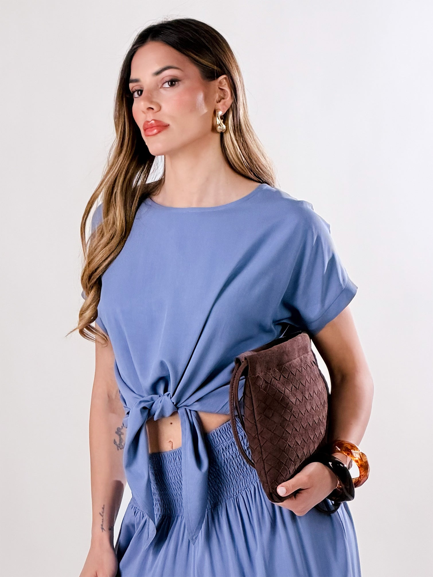 T-Shirt Cropped con Nodo|Colore:Denim