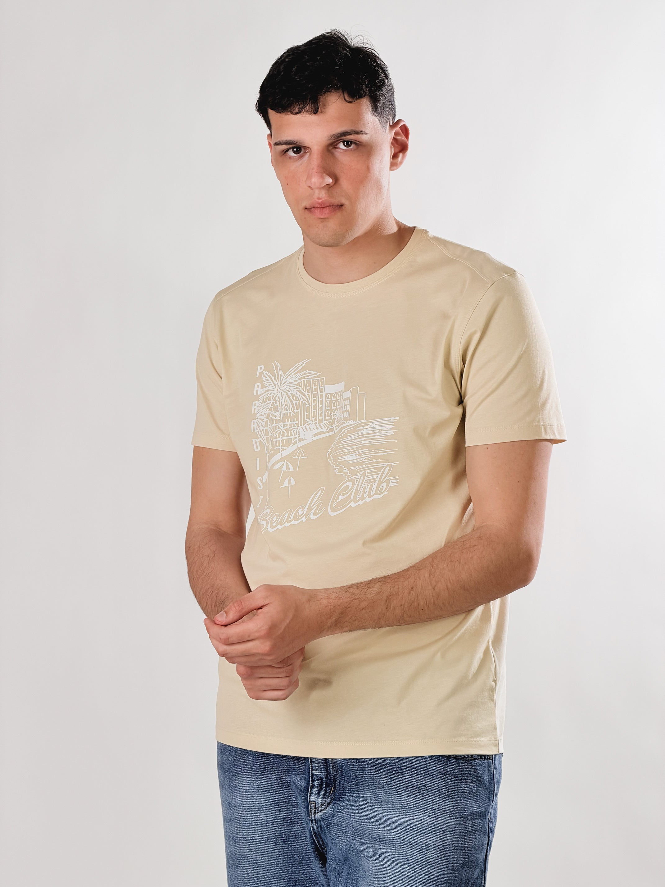 T - Shirt Paradise Beach Club base fit|Colore:Beige