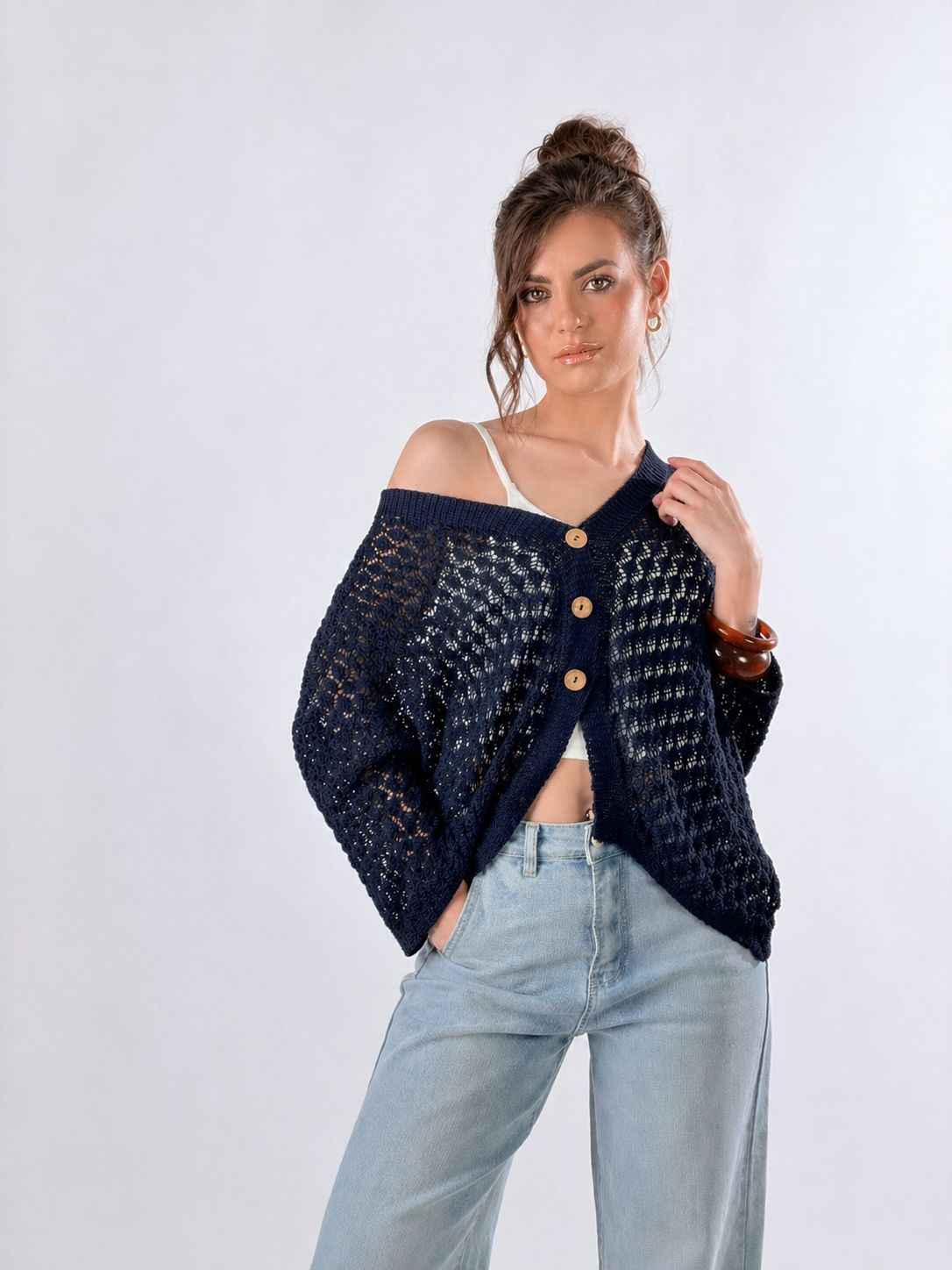 Cardigan in maglia traforata|Colore:Blue
