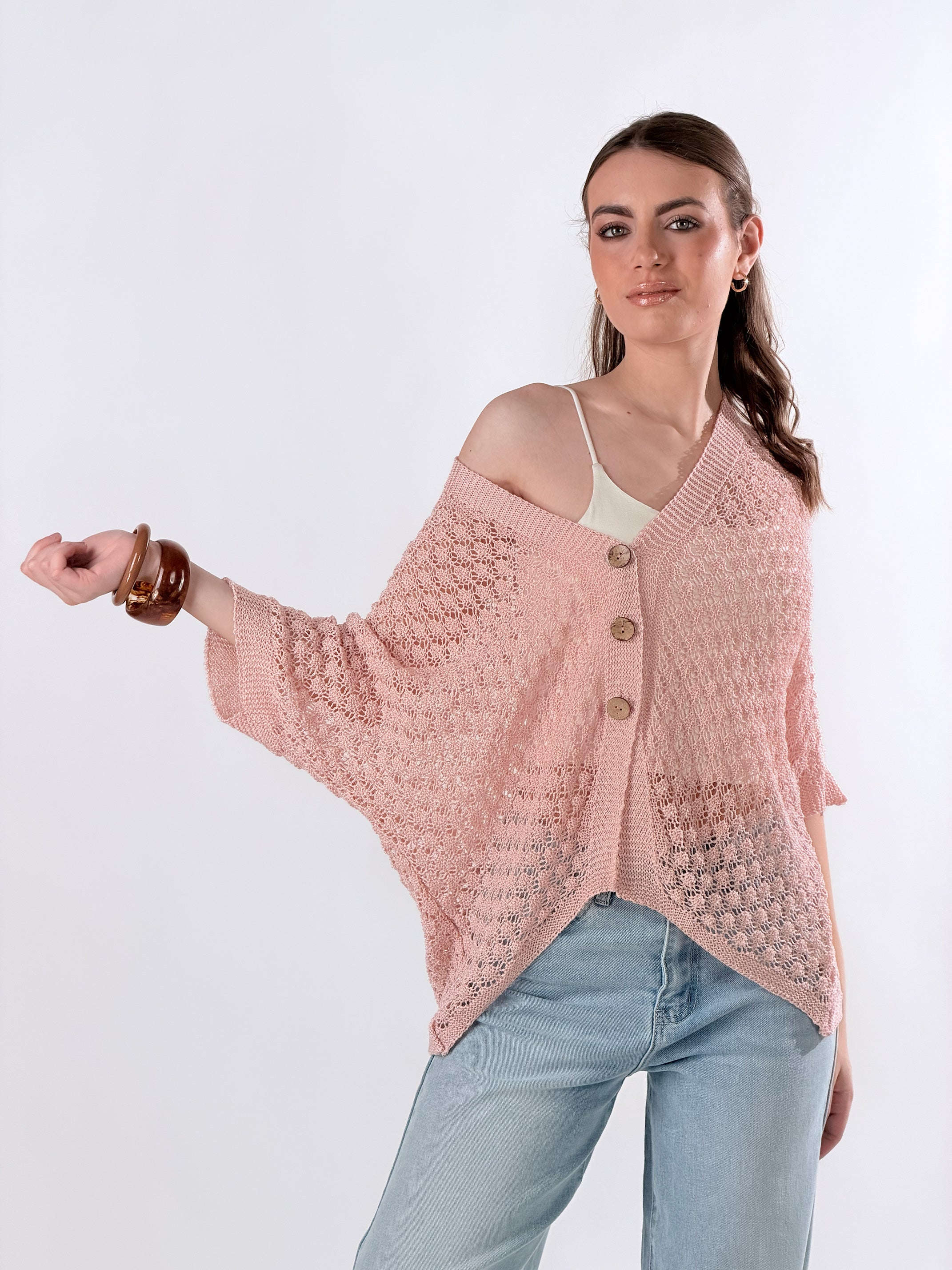 Cardigan in maglia traforata|Colore:Rosa