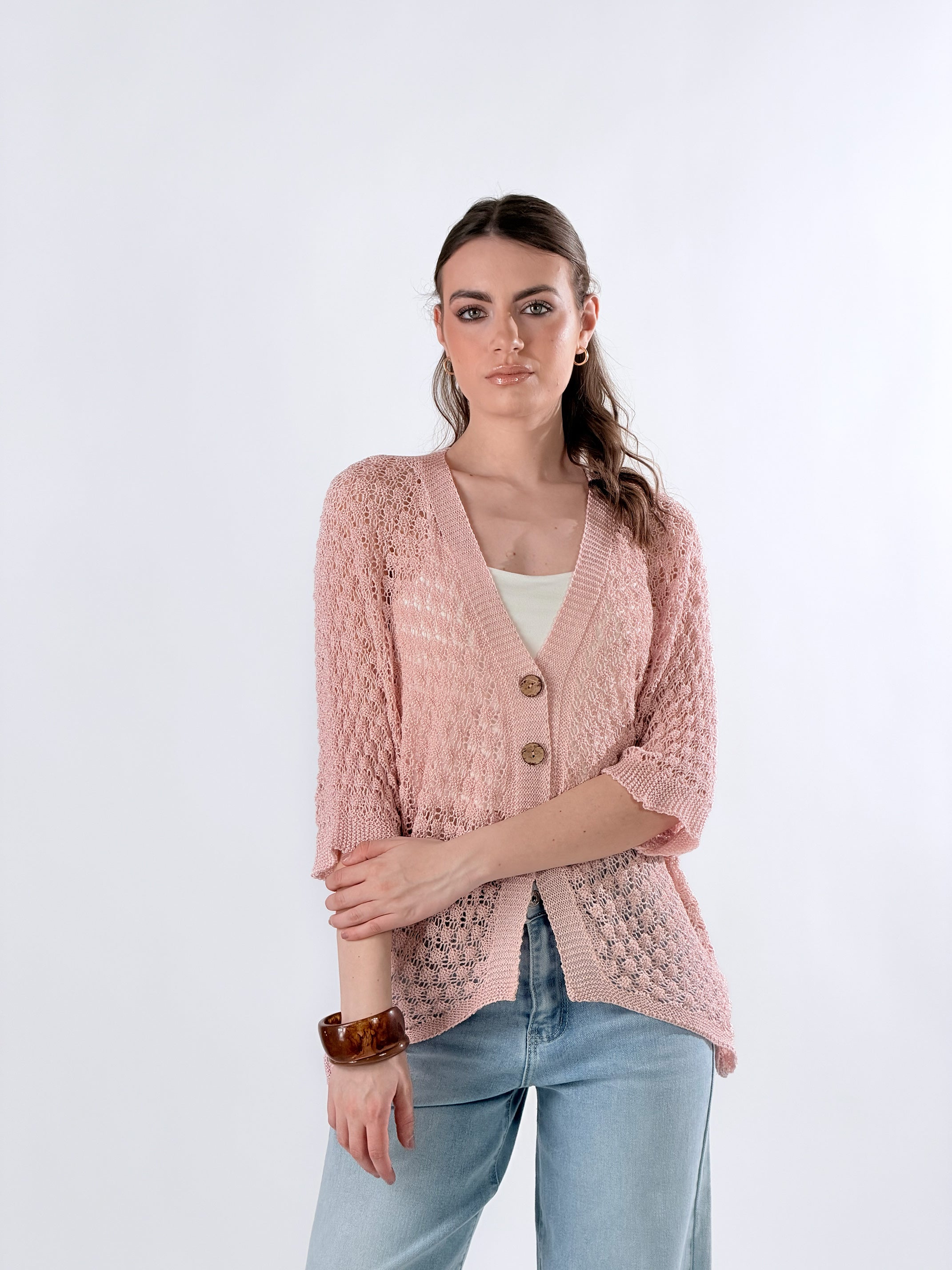 Cardigan in maglia traforata|Colore:Rosa