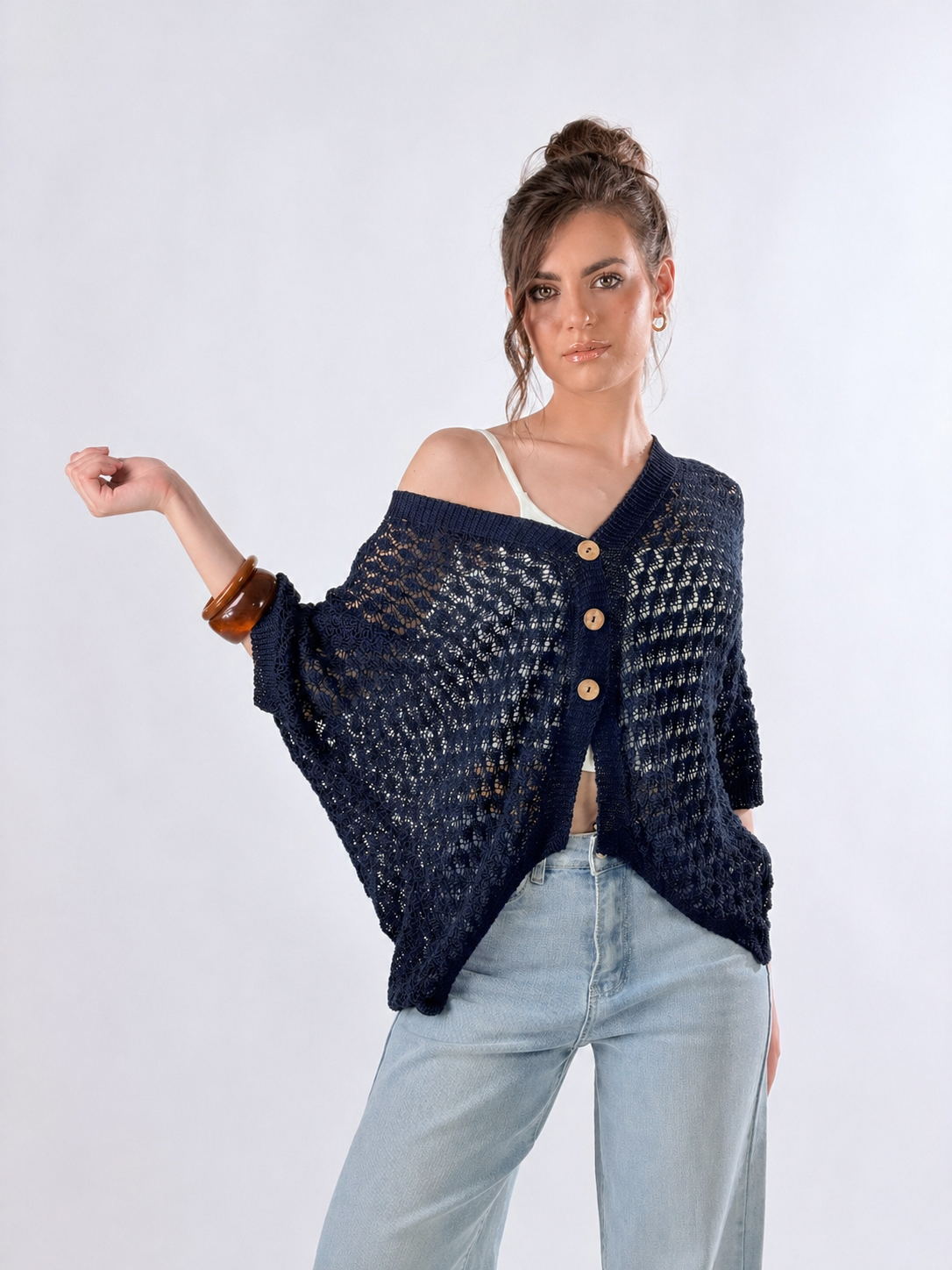 Cardigan in maglia traforata|Colore:Blue