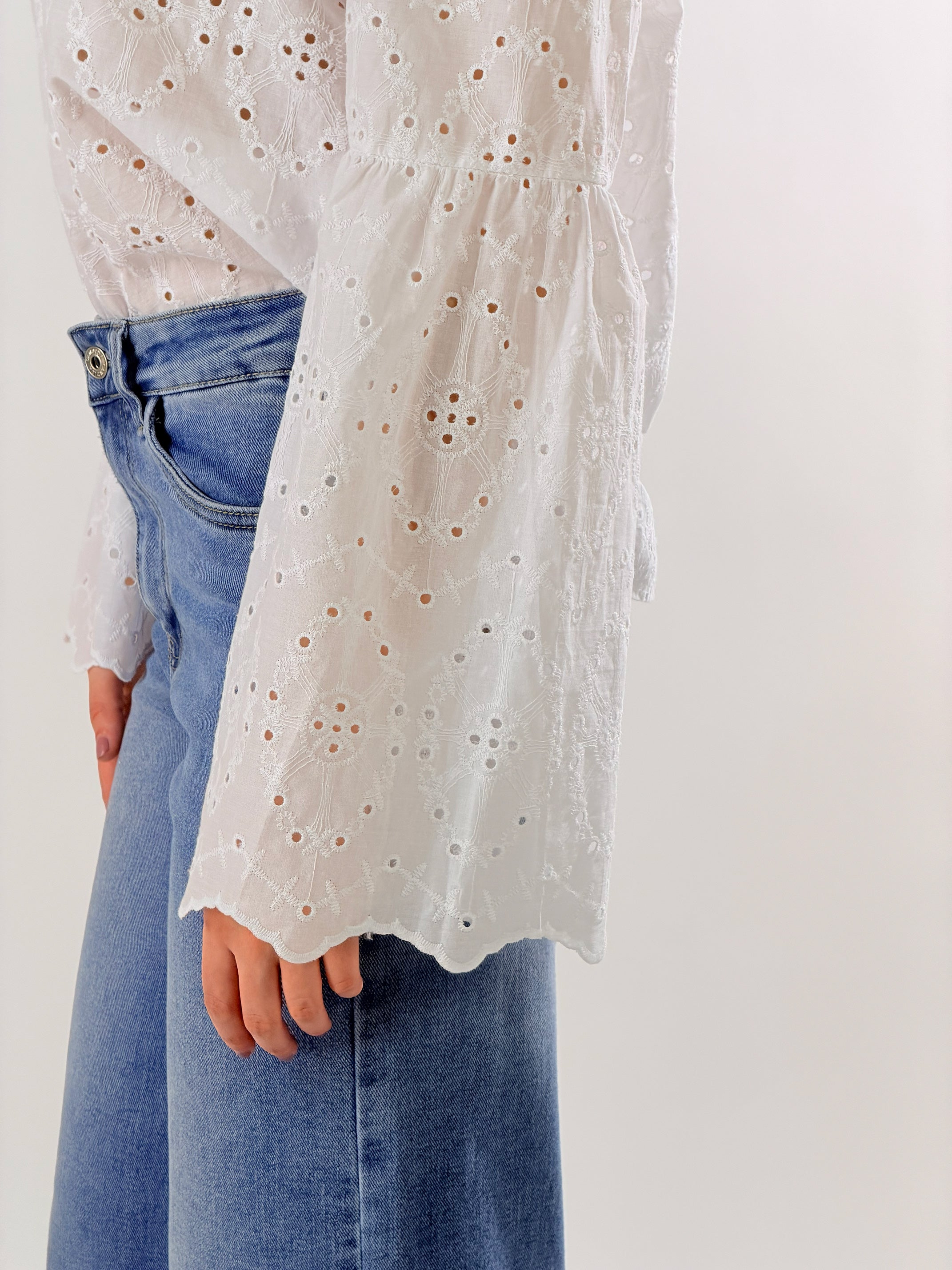 Blusa Scollo a barca pizzo san Gallo|Colore:Bianco