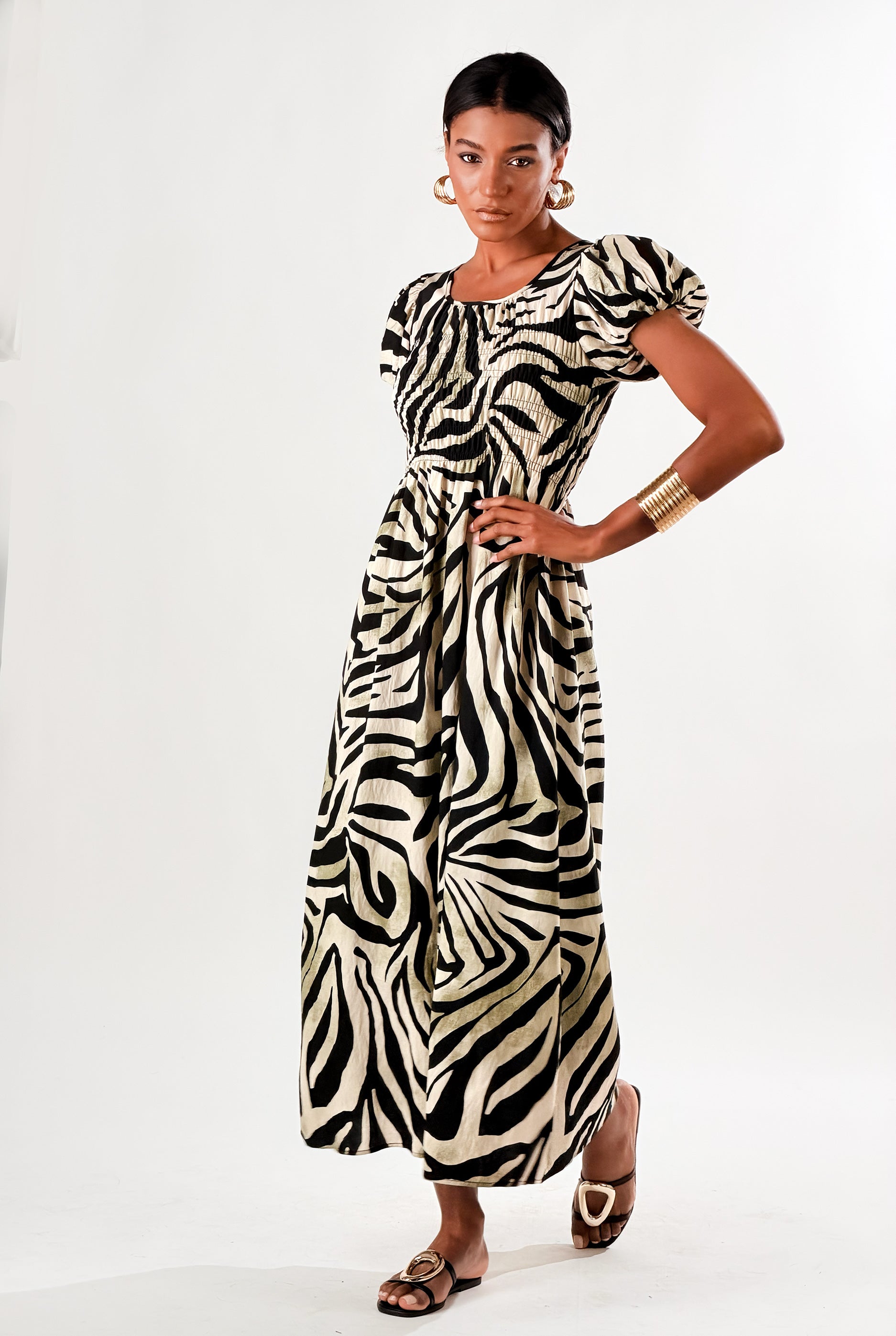 Vestito Maniche a sbuffo zebrato|Colore:Beige