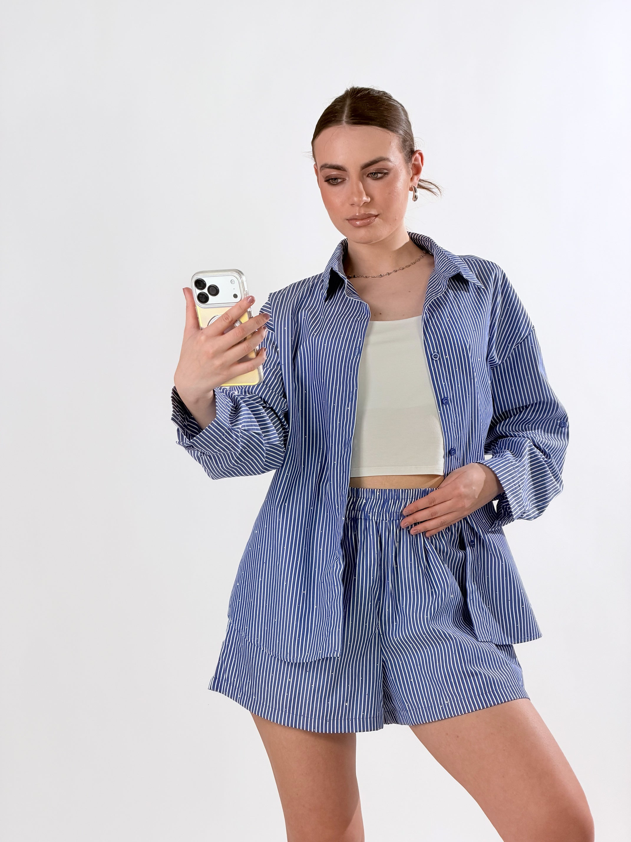Coordinato mille righe con applicazioni effetto st|Colore:Blu
