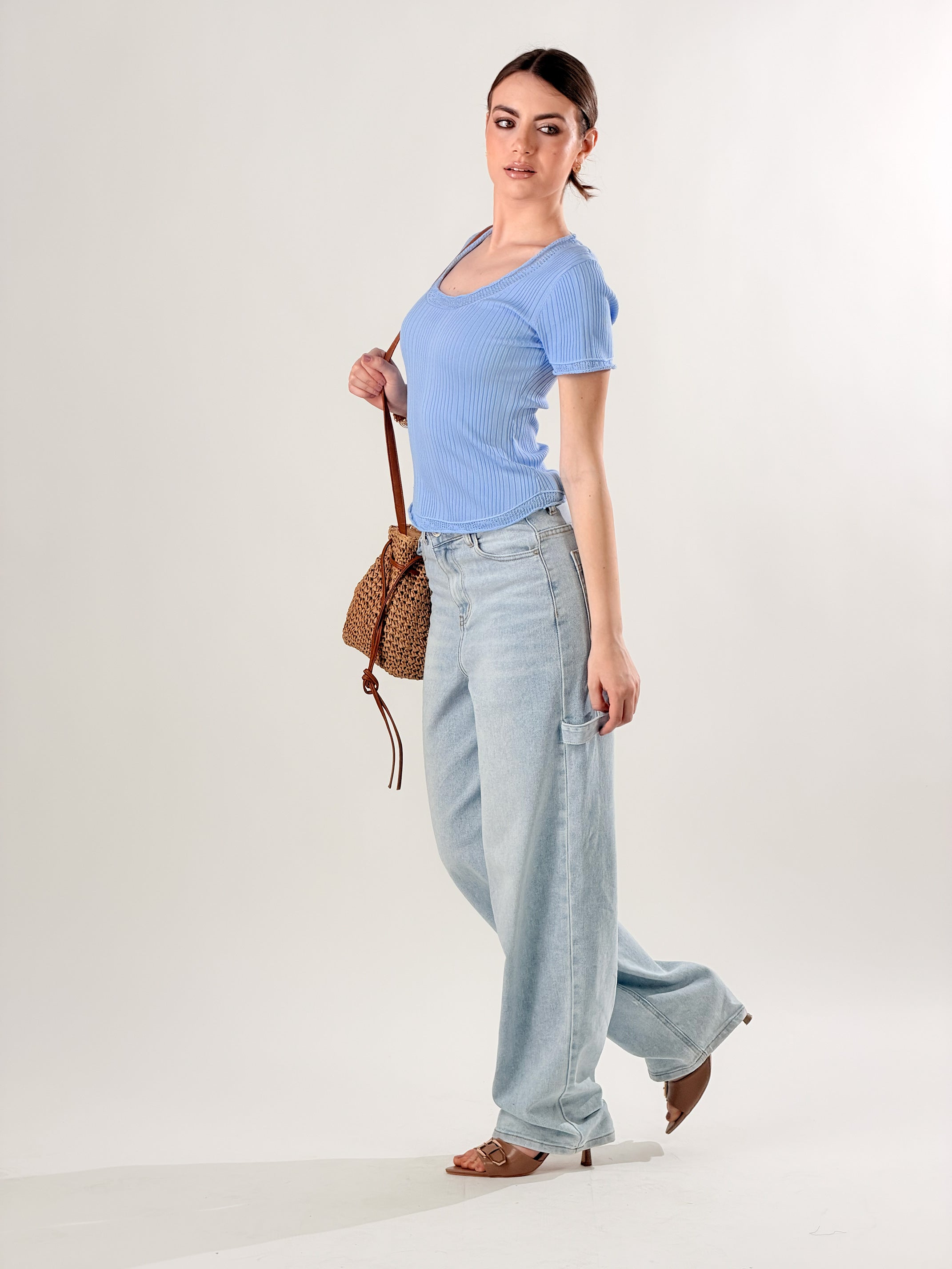 T- Shirt scollo ampio con bordo Smerlato|Colore:Polvere